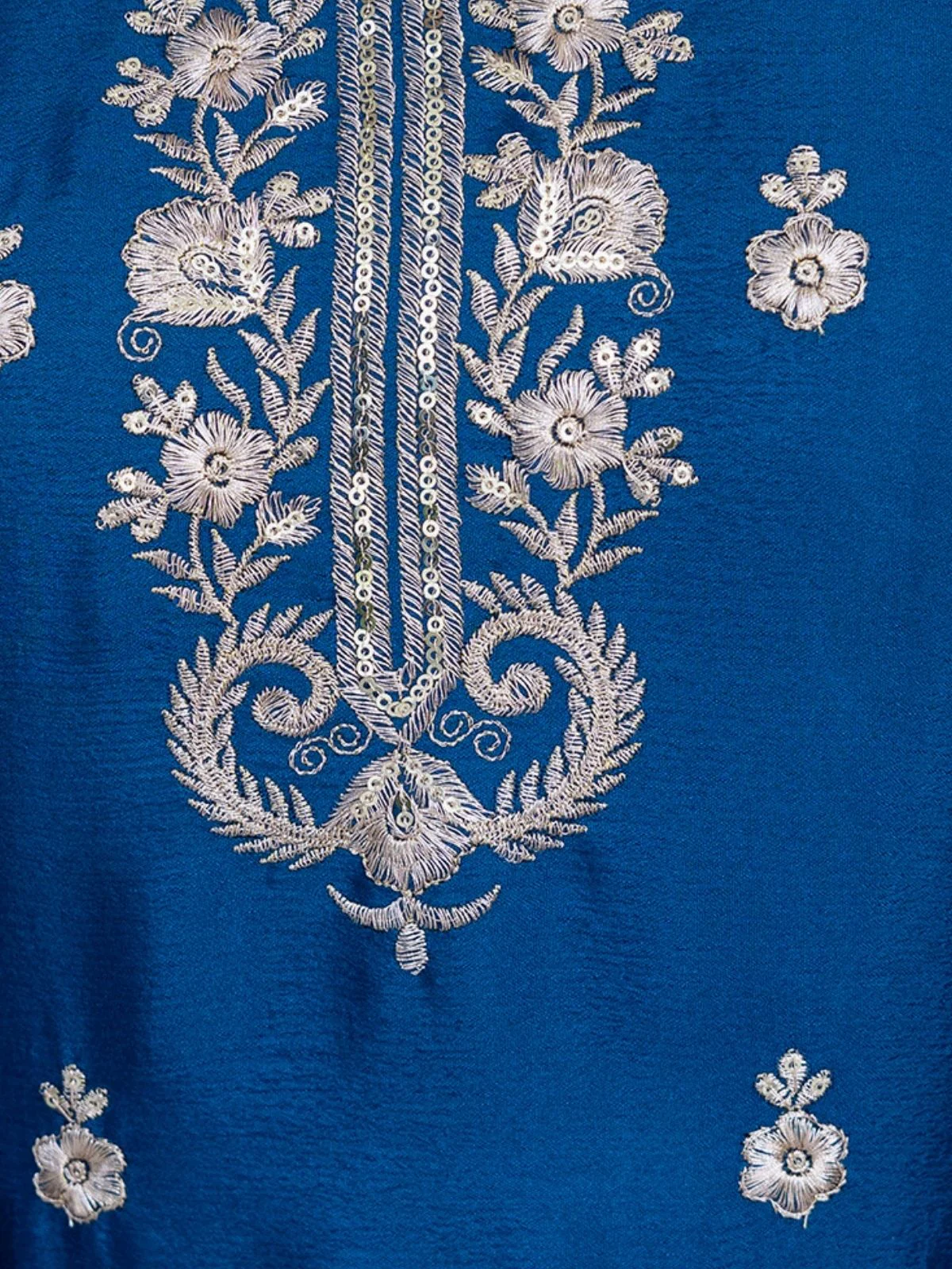Odette Blue Chiffon Embroidered Stitched Kurta Set For Women - Image 4