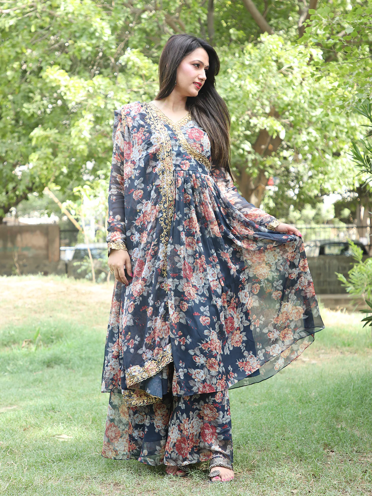 Odette Blue Chiffon Printed Stitched Salwar Suit For Women - Image 2