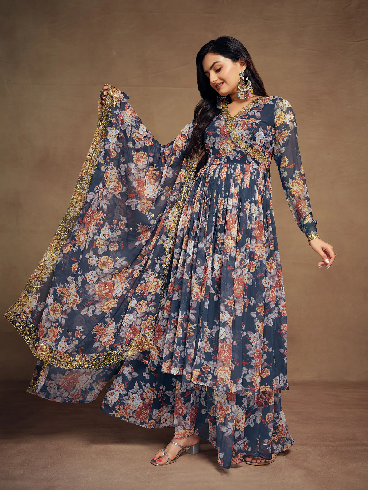 Odette Blue Chiffon Printed Stitched Salwar Suit For Women - Image 4