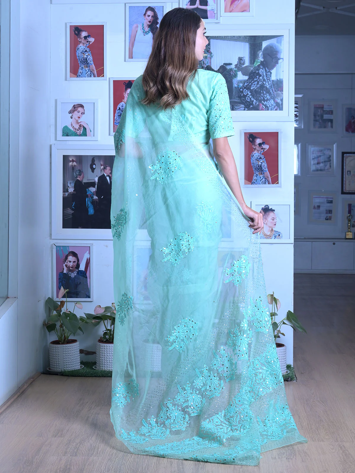 Odette Blue Chikankari and Mukaish Work Organza Saree - Image 3