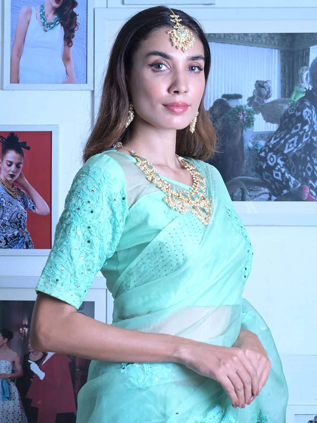 Odette Blue Chikankari and Mukaish Work Organza Saree - Image 4