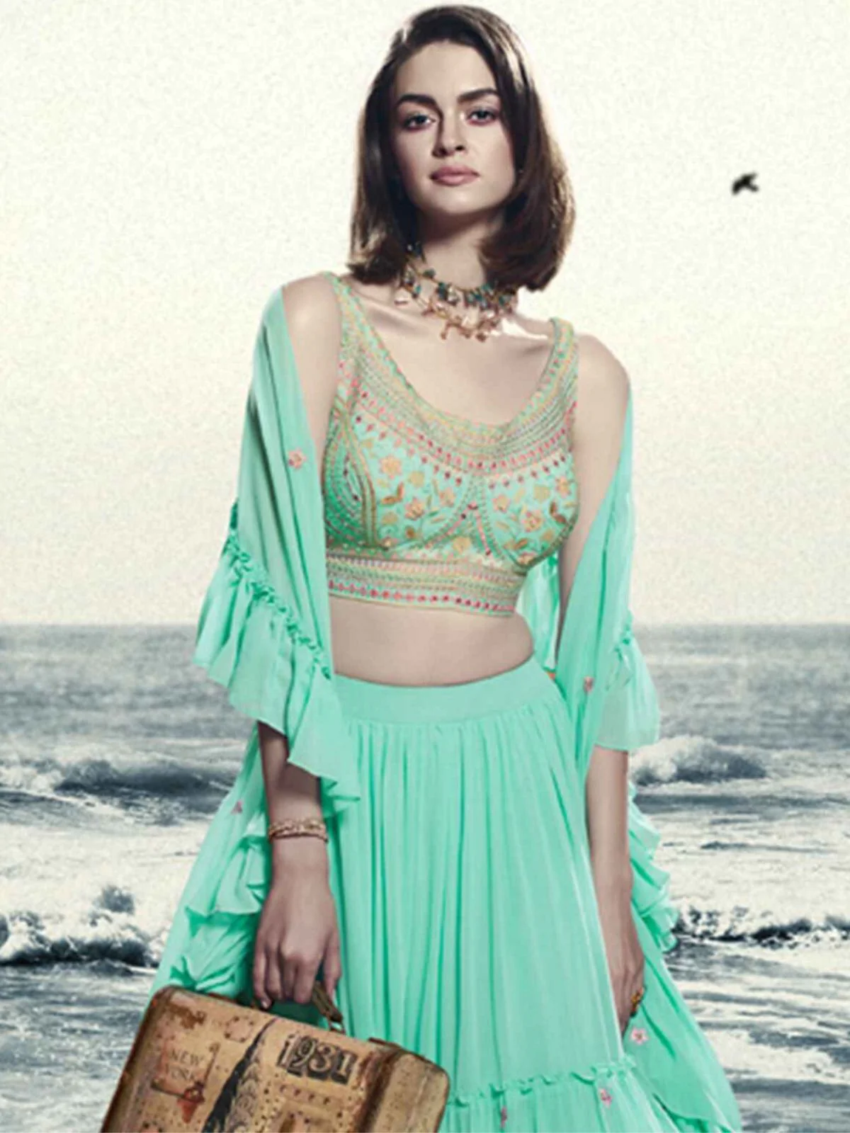 Odette Green Georgette Embellished Semi Stitched Lehenga With Unstitched Blouse For Women - Image 2