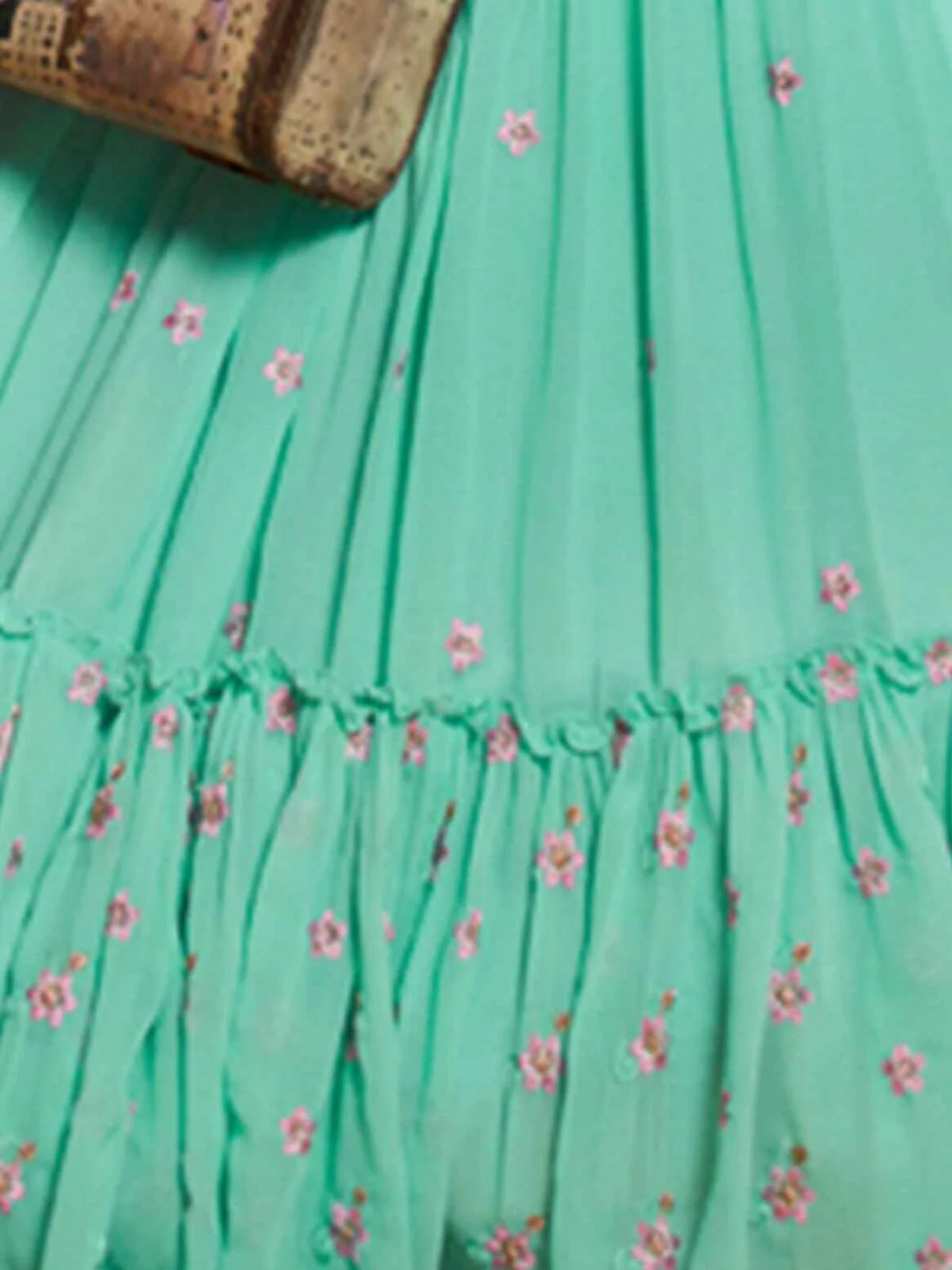 Odette Green Georgette Embellished Semi Stitched Lehenga With Unstitched Blouse For Women - Image 4