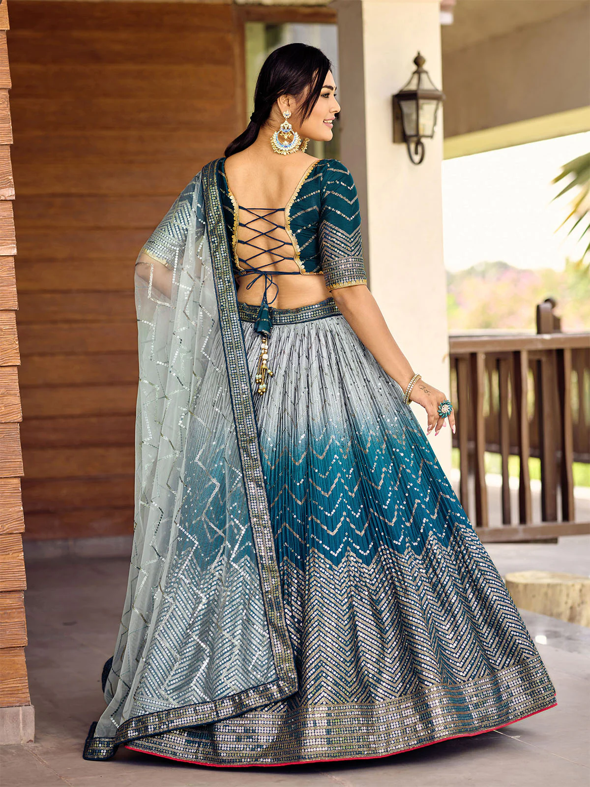 Odette Blue Chinon Embellished Semi Stitched Lehenga With Unstitched Blouse For Women - Image 4