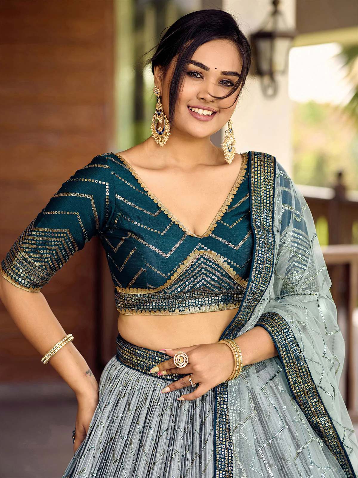 Odette Blue Chinon Embellished Semi Stitched Lehenga With Unstitched Blouse For Women - Image 5