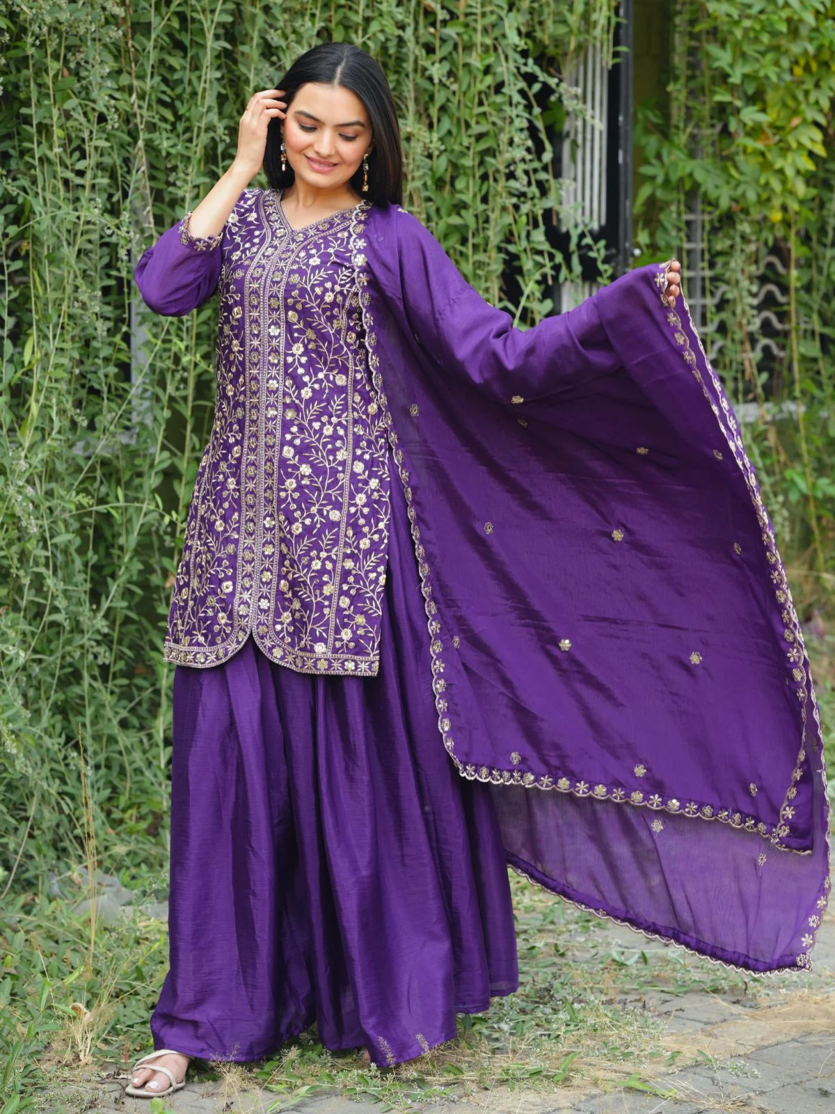 Odette Purple Chinon Embroidered & Cutwork Kurta Set For Women