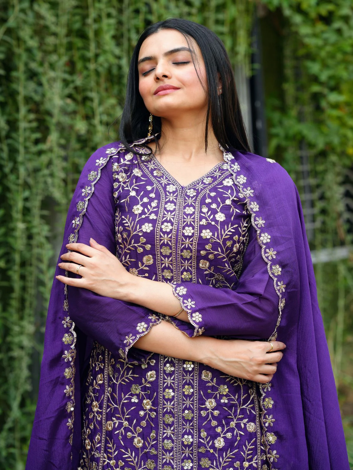 Odette Purple Chinon Embroidered & Cutwork Kurta Set For Women - Image 2