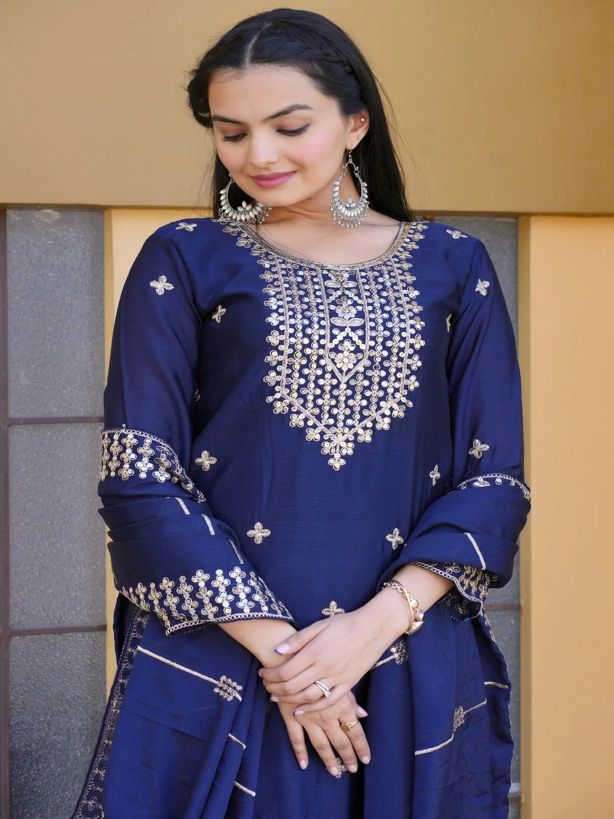 Odette Blue Chinon Embroidered Stitched Kurta Set For Women - Image 2