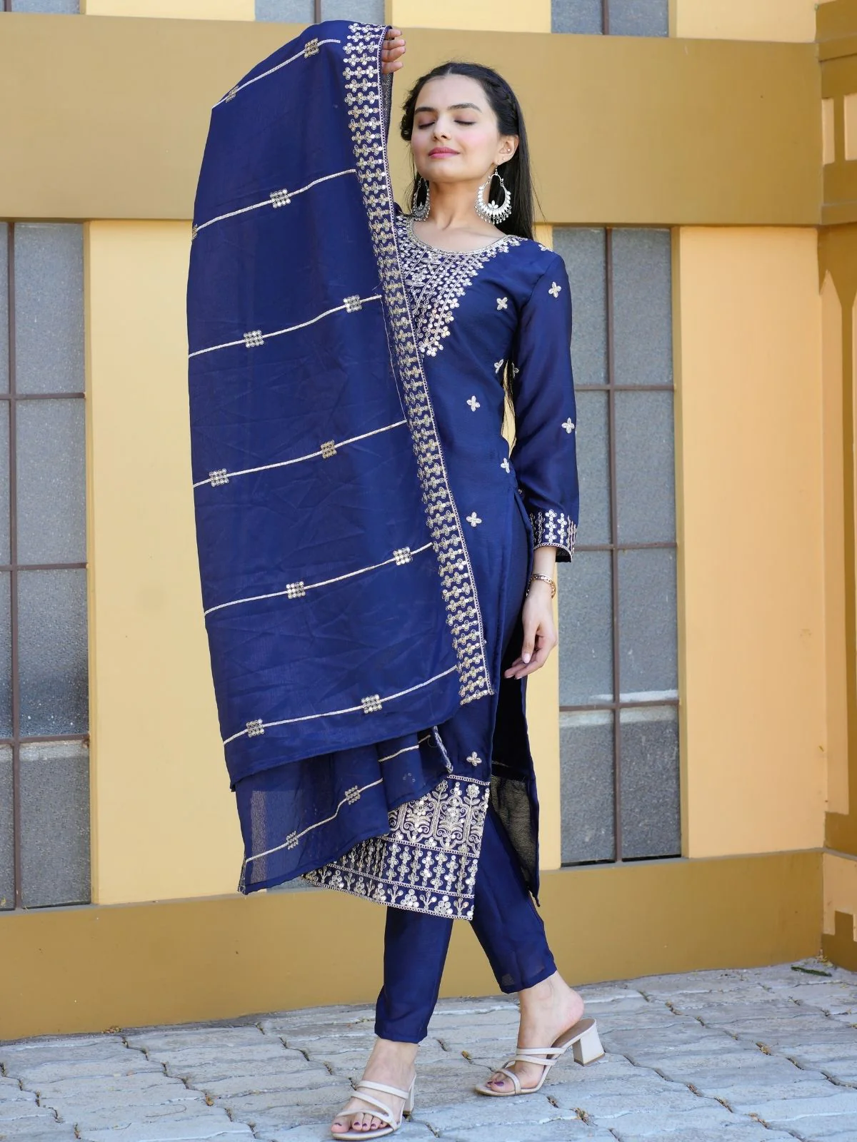Odette Blue Chinon Embroidered Stitched Kurta Set For Women - Image 4