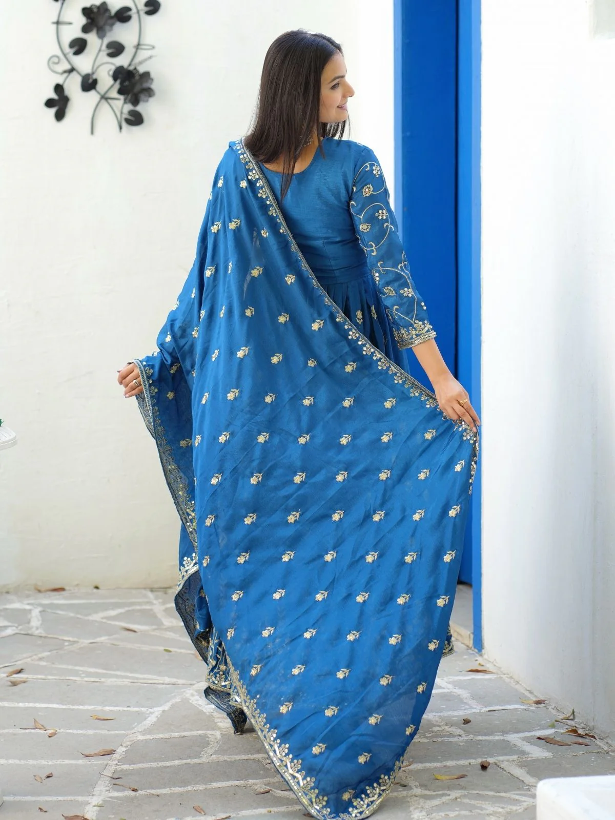 Odette Blue Chinon Embroidered Stitched Kurta Set For Women - Image 2