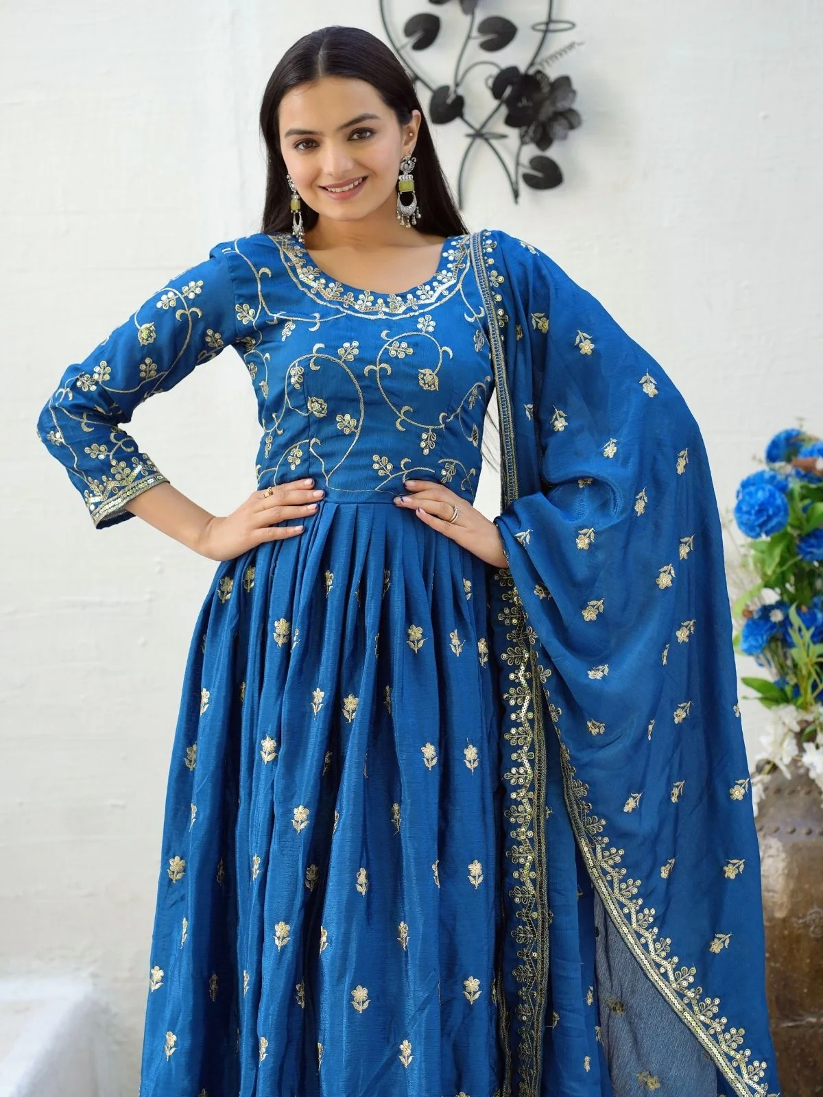 Odette Blue Chinon Embroidered Stitched Kurta Set For Women - Image 3