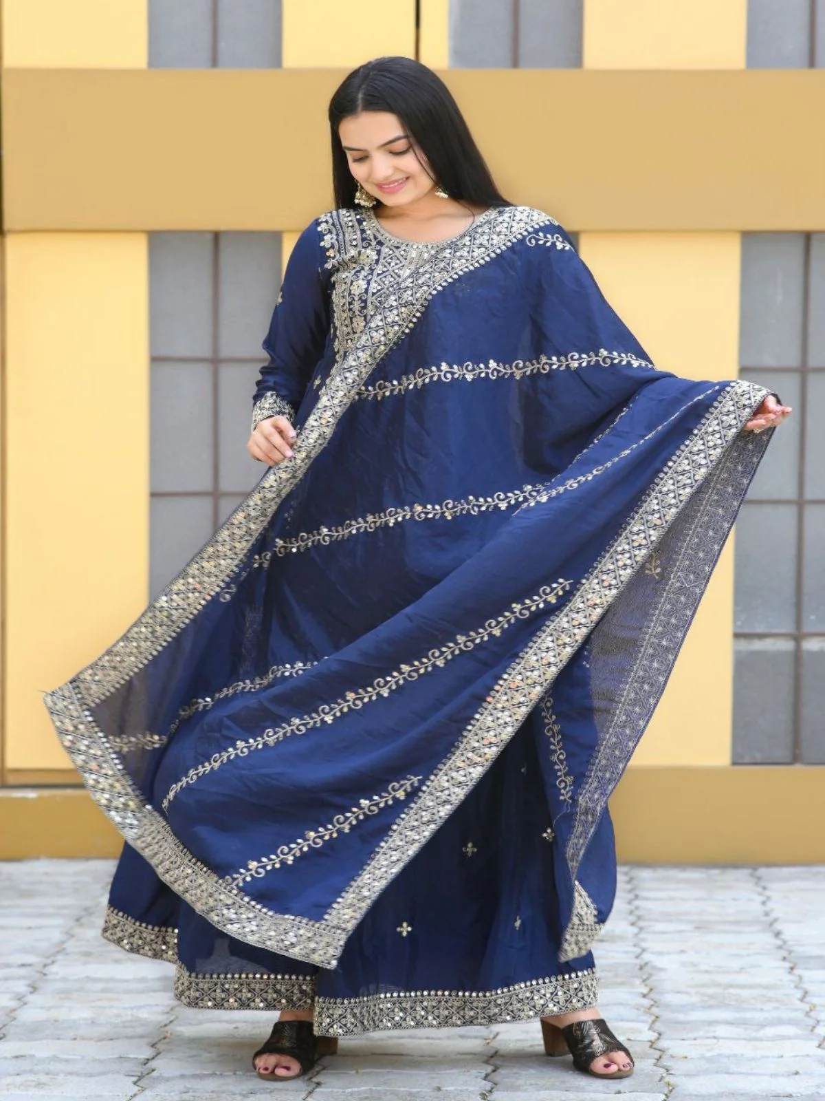 Odette Blue ChinonÂ Embroidered Stitched Kurta Set For Women - Image 3