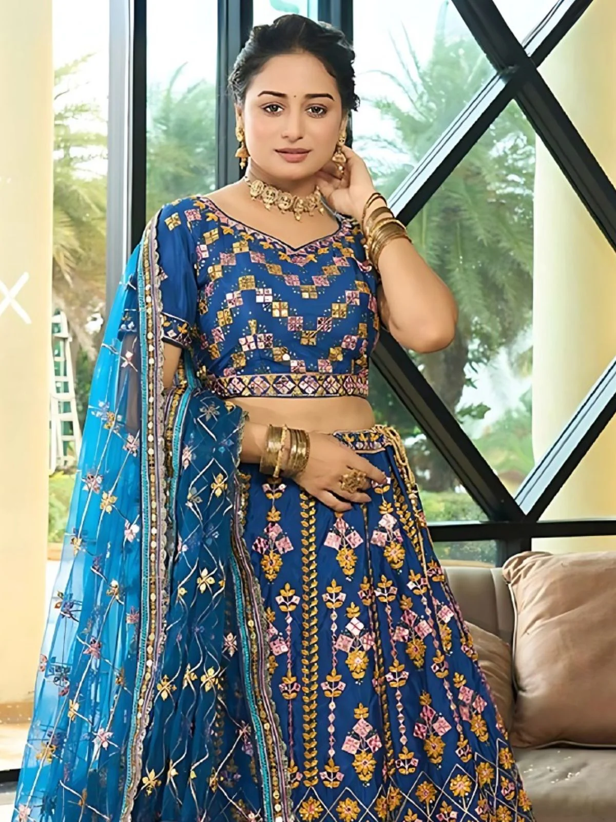 Odette Blue Chinon Silk Embroidered Semi-Stitched Lehenga For Women - Image 3