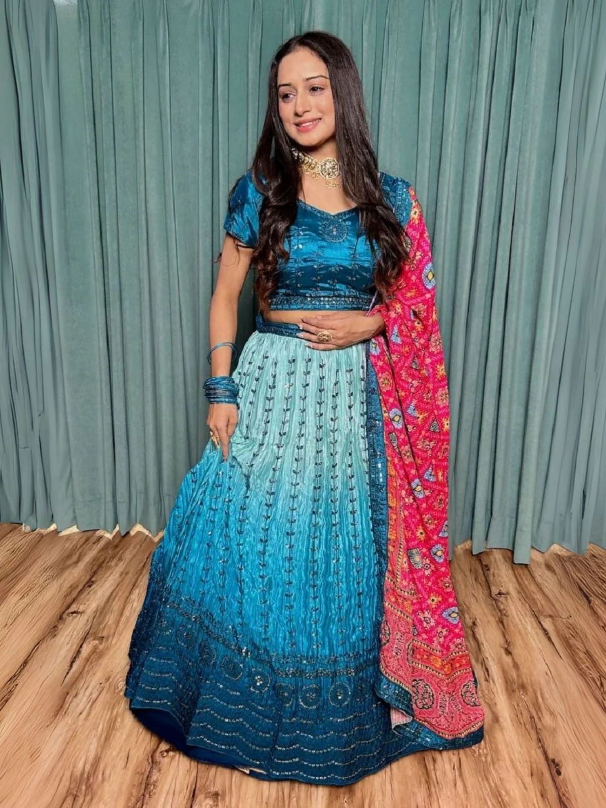Odette Blue Chinon Silk Embroidered Semi-Stitched Lehenga For Women