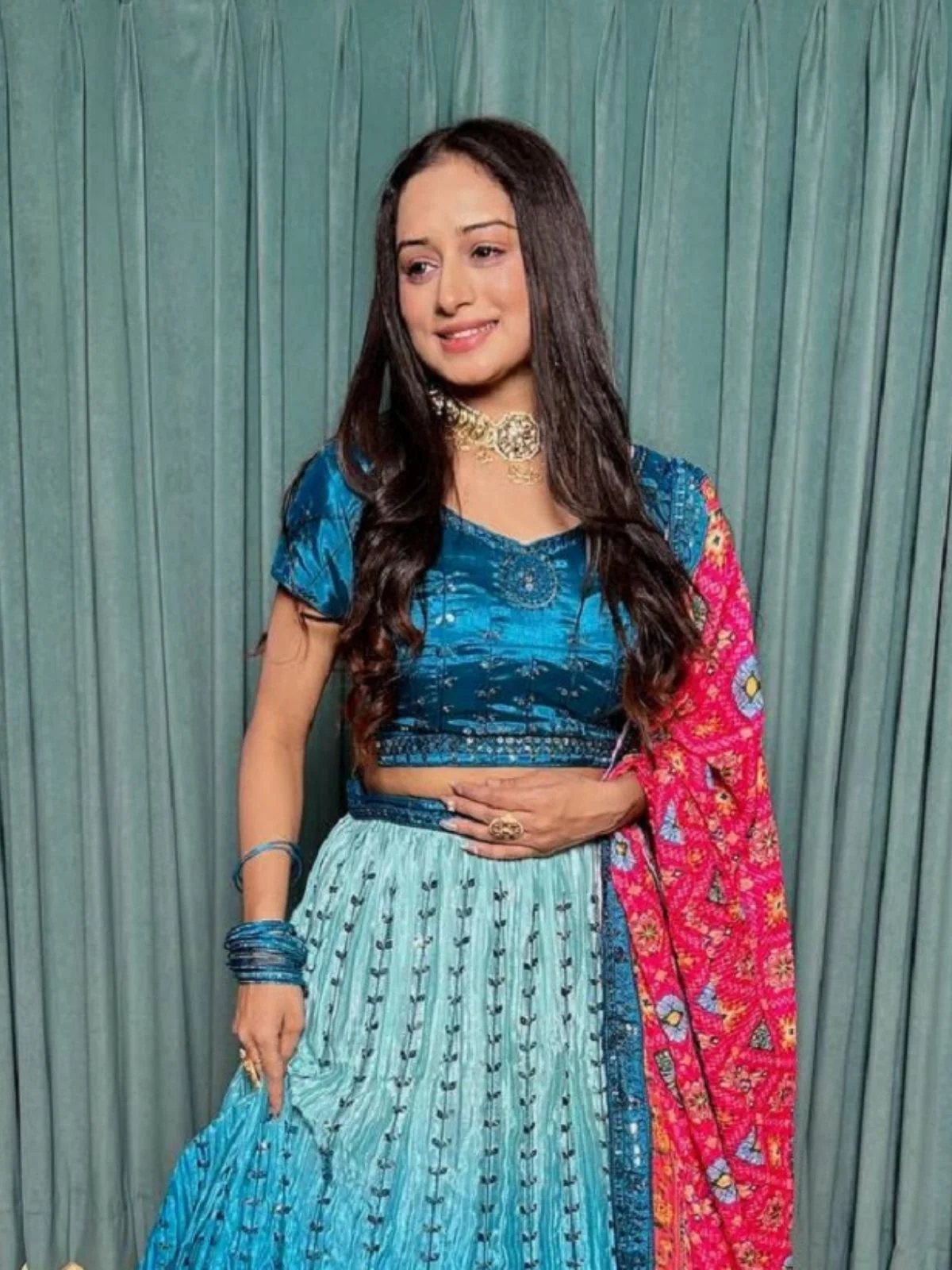 Odette Blue Chinon Silk Embroidered Semi-Stitched Lehenga For Women - Image 3