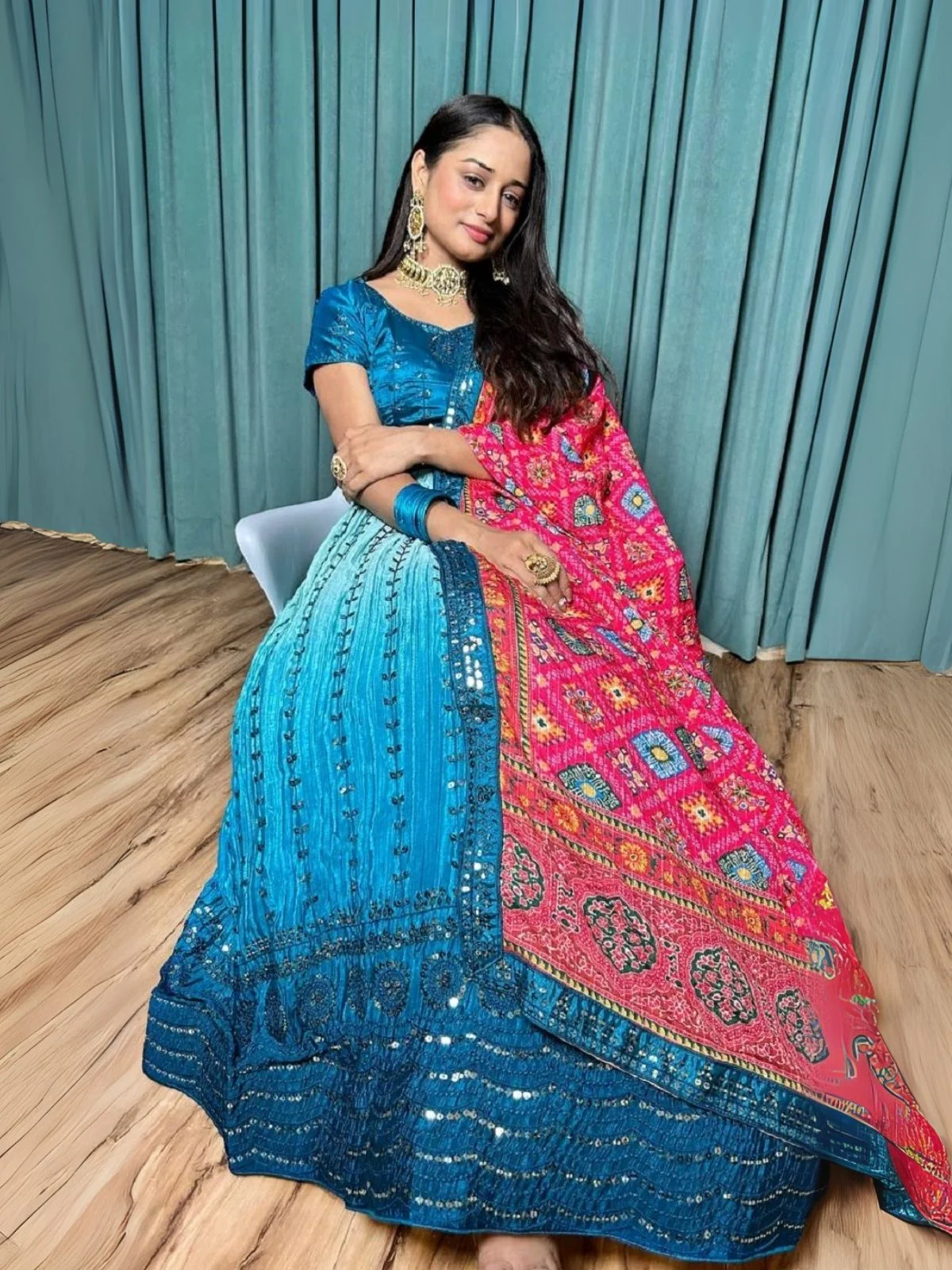 Odette Blue Chinon Silk Embroidered Semi-Stitched Lehenga For Women - Image 5