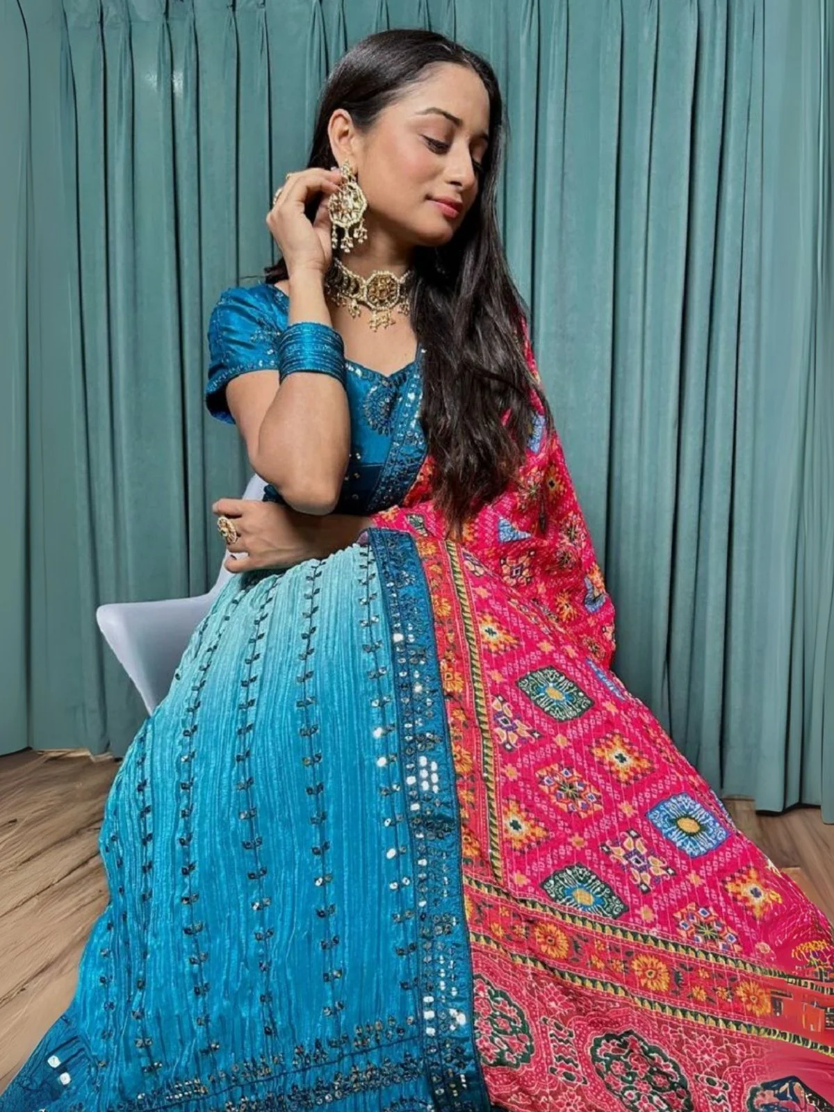 Odette Blue Chinon Silk Embroidered Semi-Stitched Lehenga For Women - Image 6