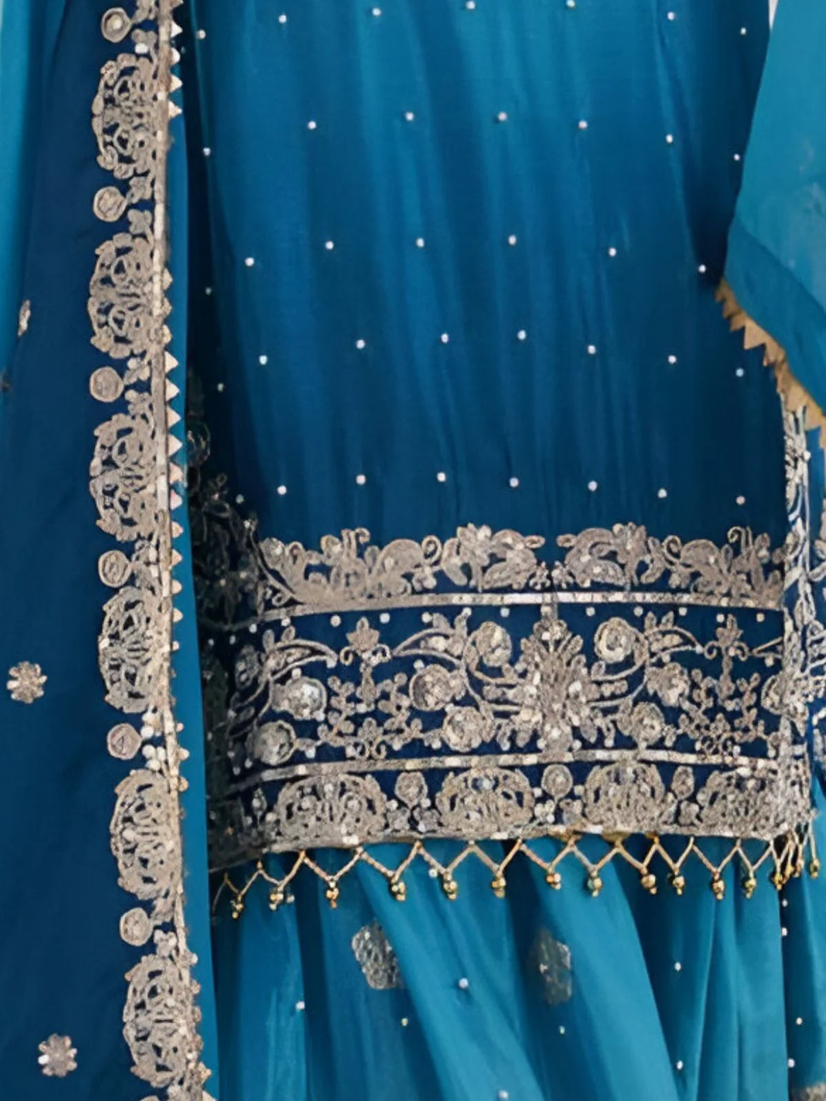 Odette Blue Chinon Silk Embroidery & Sequins Kurta Set For Women - Image 3
