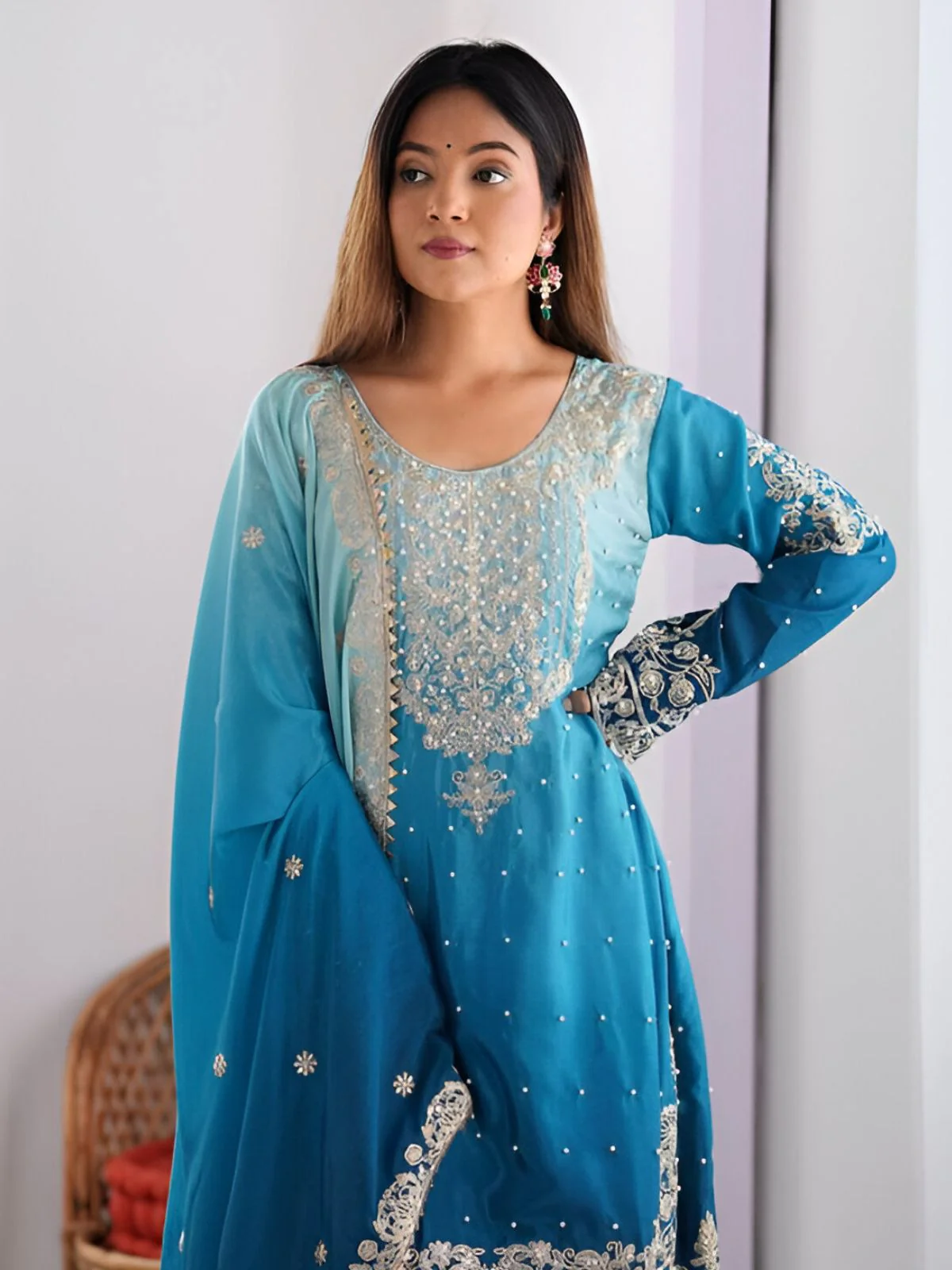 Odette Blue Chinon Silk Embroidery & Sequins Kurta Set For Women - Image 4