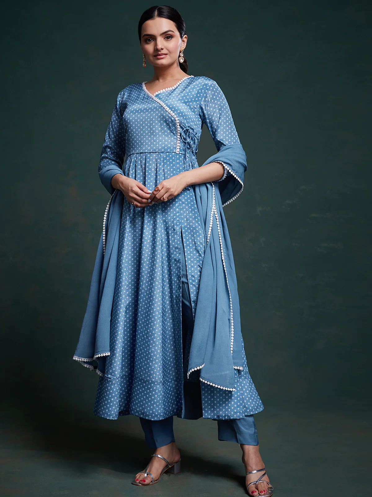 Odette Blue Chinon Silk Printed Stitched Salwar Suit Set For Women - Image 2