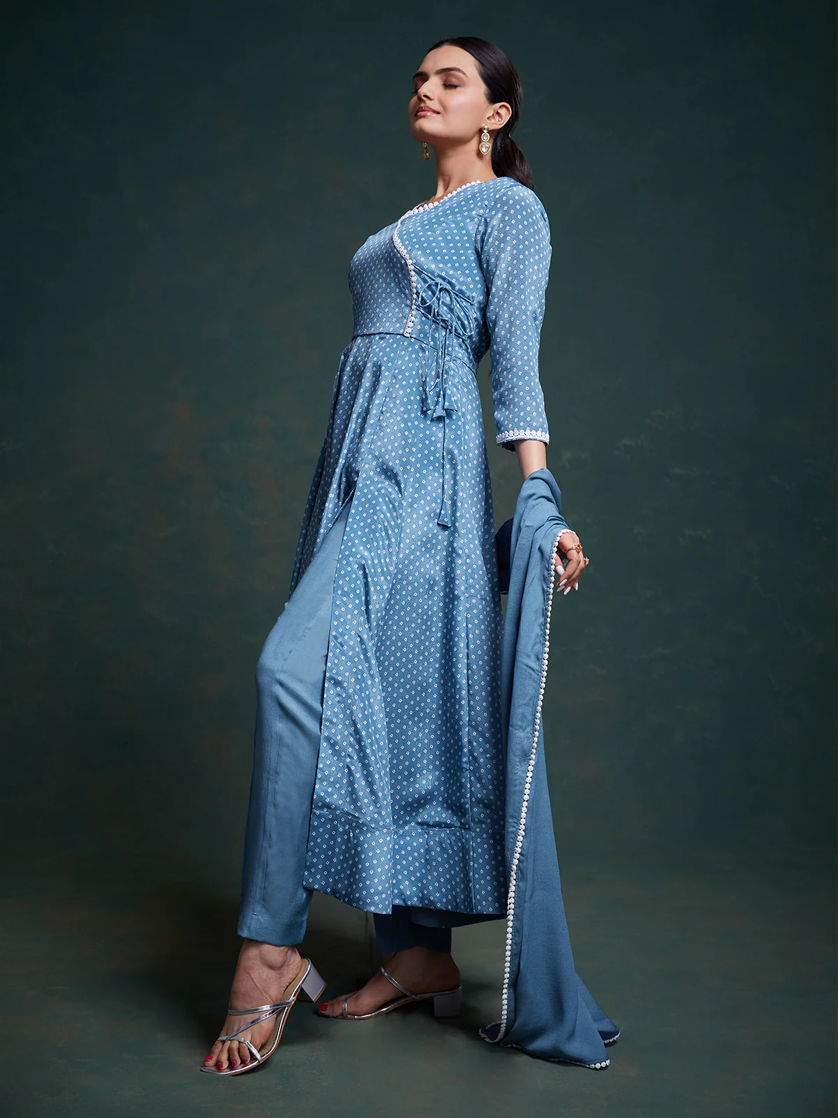 Odette Blue Chinon Silk Printed Stitched Salwar Suit Set For Women - Image 4
