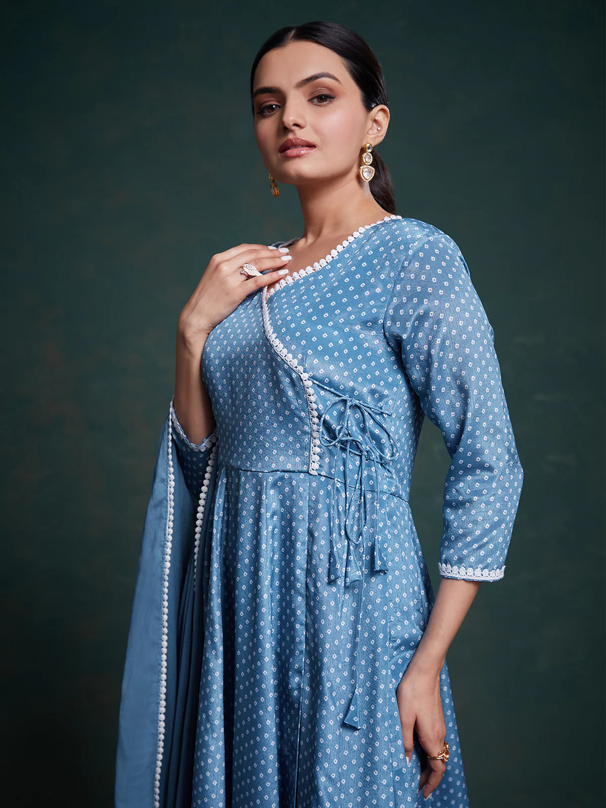Odette Blue Chinon Silk Printed Stitched Salwar Suit Set For Women - Image 6