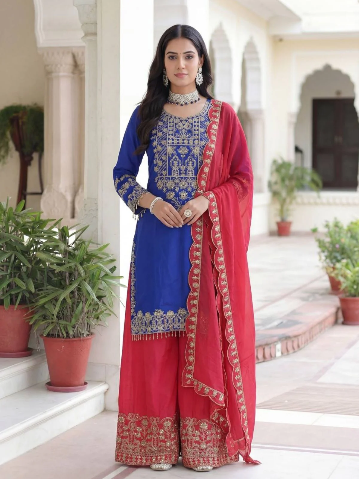 Odette Blue Chinon Solid Stitched Kurta Set For Women