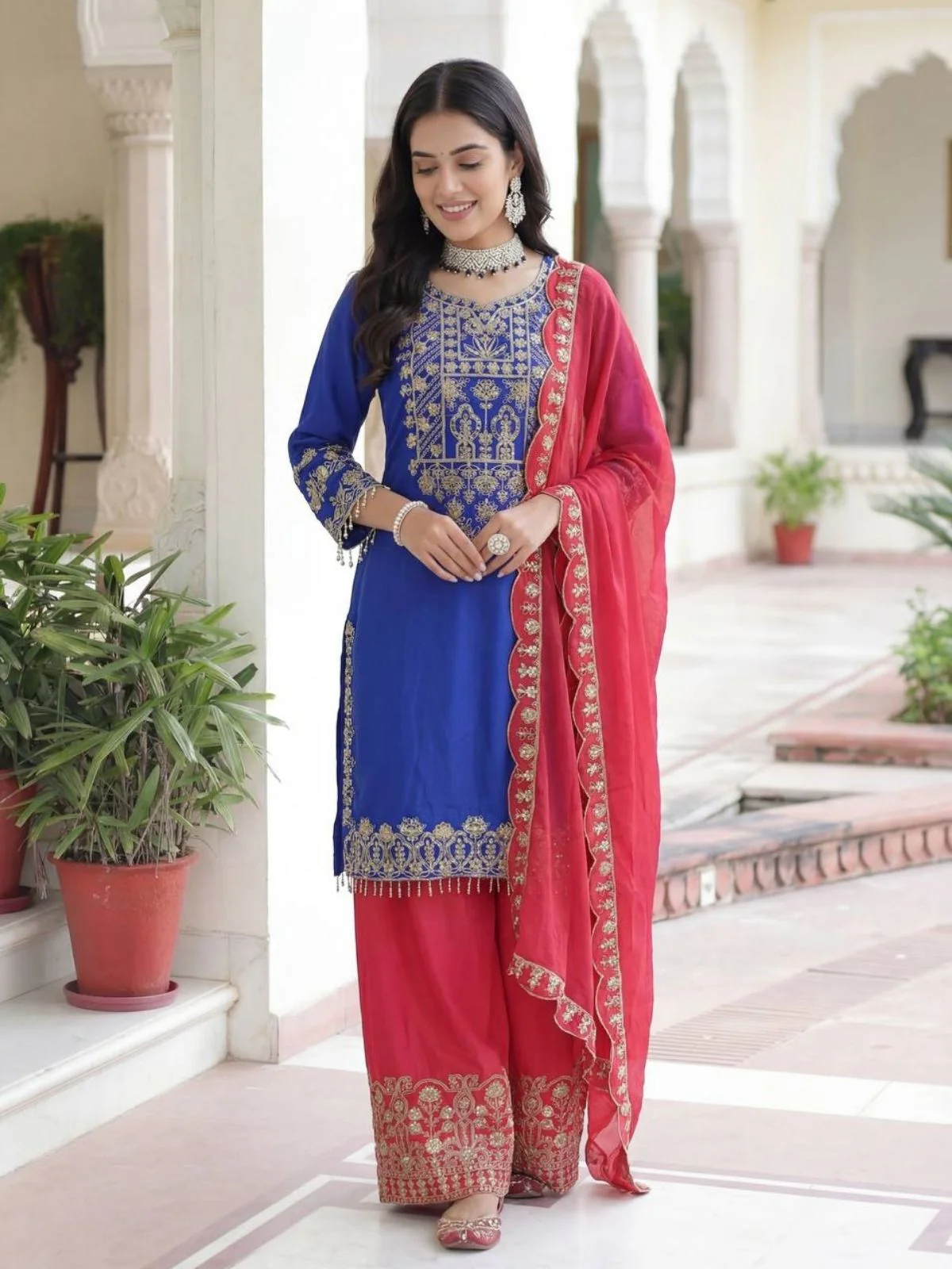 Odette Blue Chinon Solid Stitched Kurta Set For Women - Image 2
