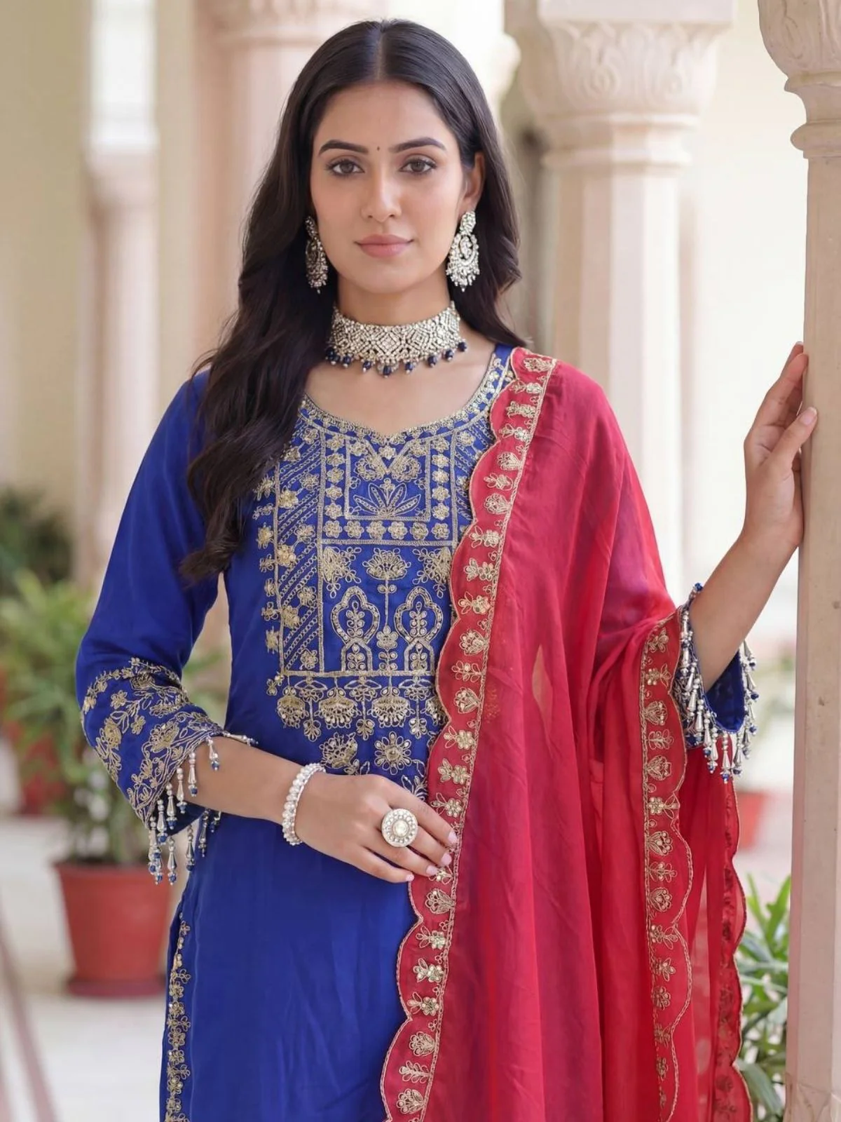 Odette Blue Chinon Solid Stitched Kurta Set For Women - Image 3