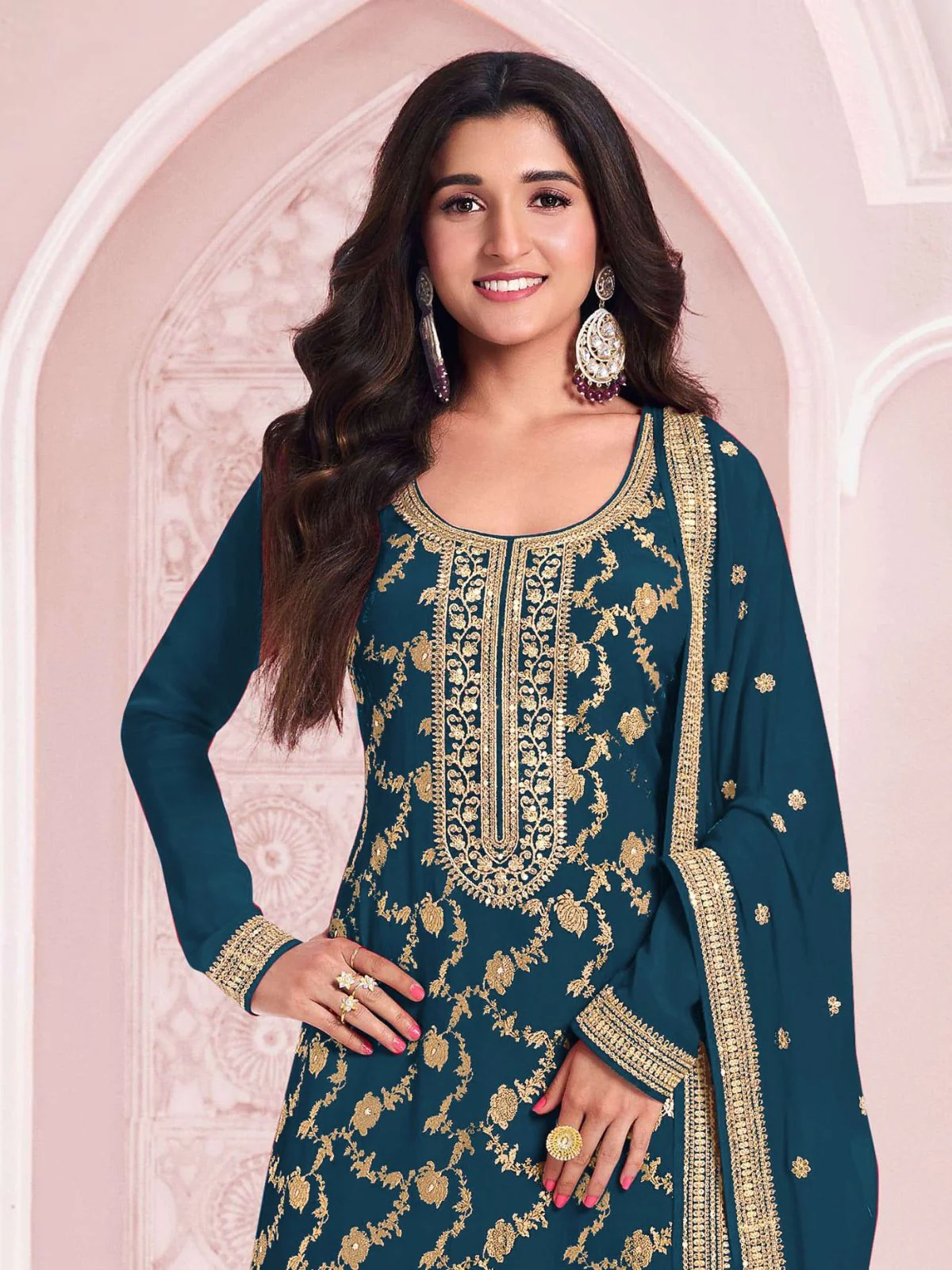 Odette Blue Cotton Blend Embroidered Semi-Stitched Kurta Set For Women - Image 2