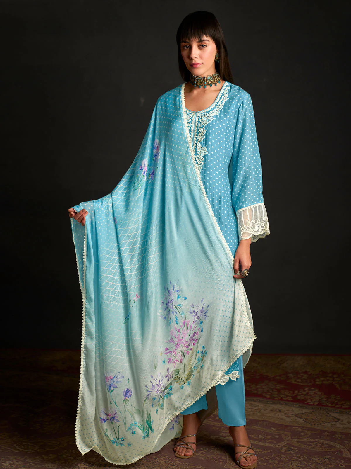 Odette Blue Cotton Blend  Embroidered Semi-Stitched Kurta Set For Women - Image 2