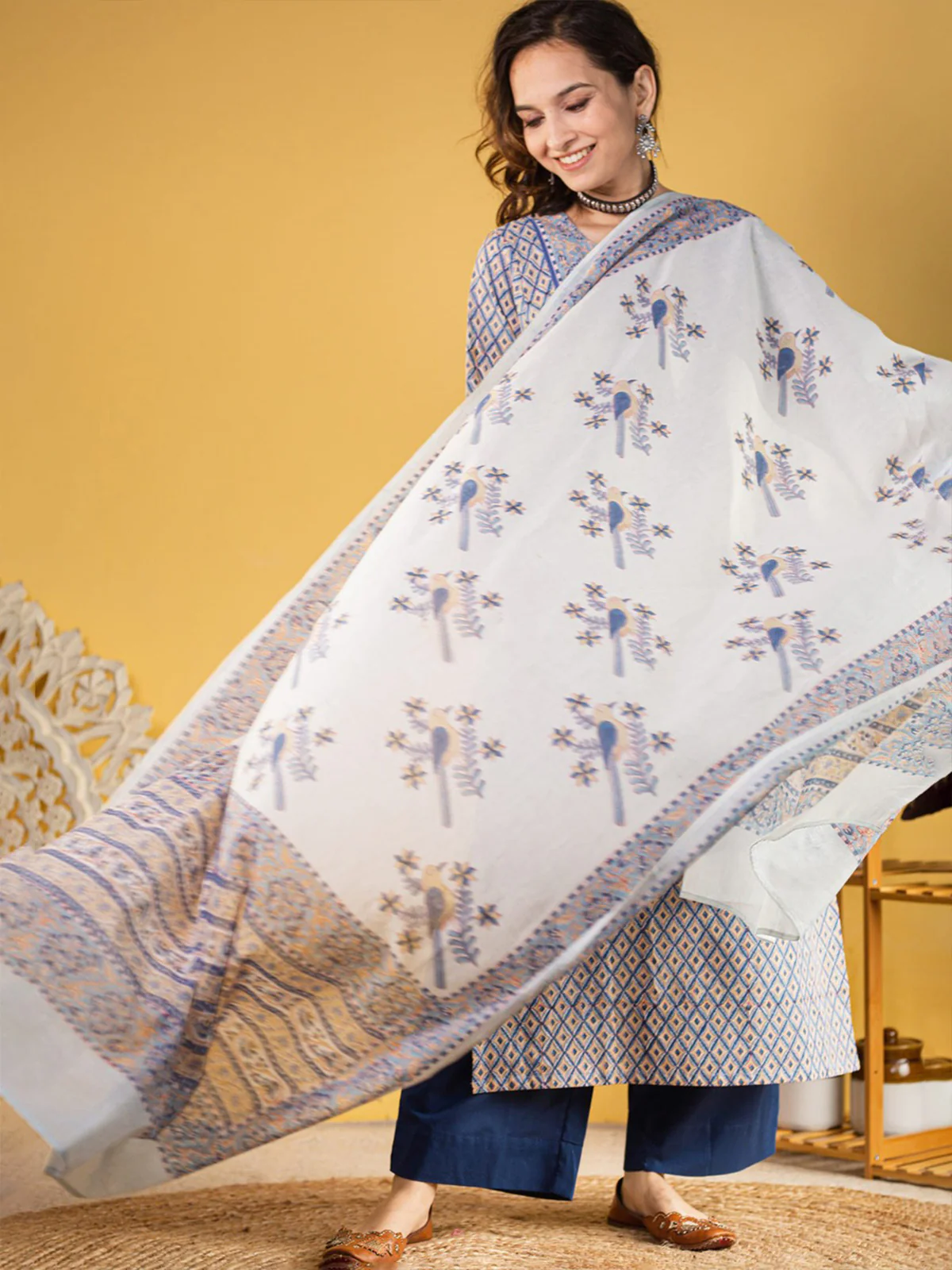 Odette Blue Cotton Blend Printed Straight Kurta Set For Women - Image 3