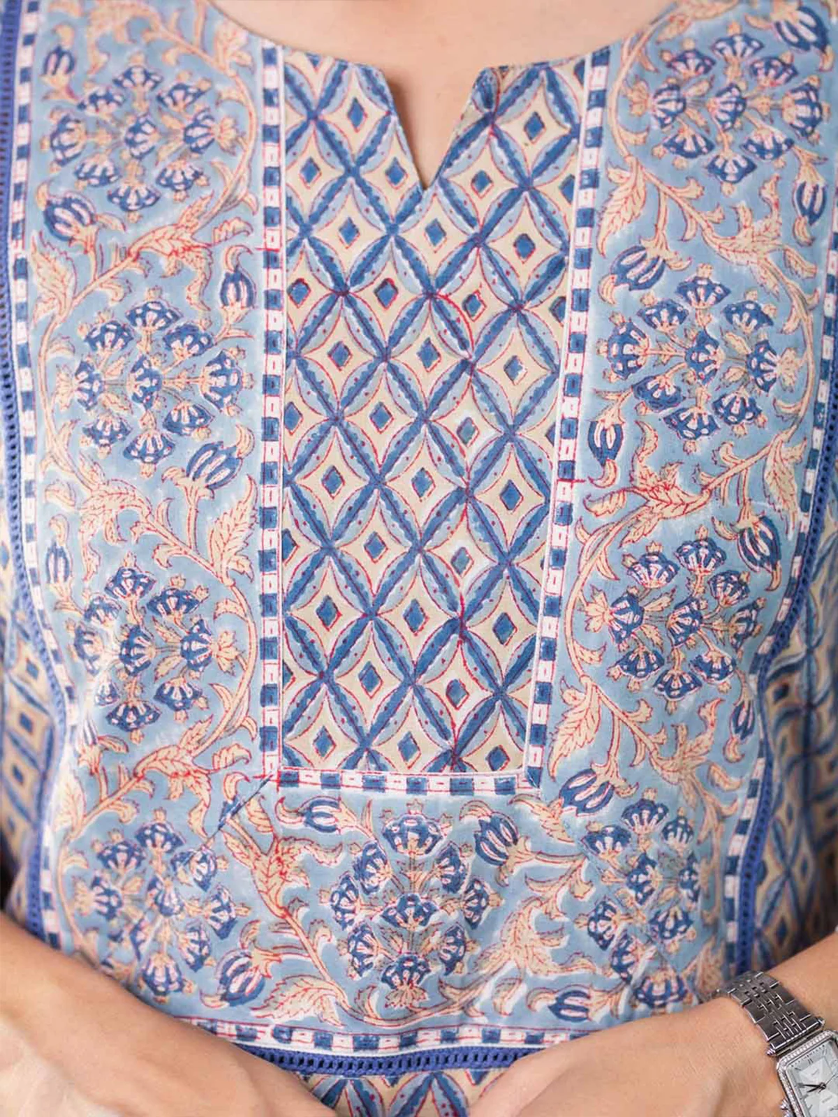 Odette Blue Cotton Blend Printed Straight Kurta Set For Women - Image 5