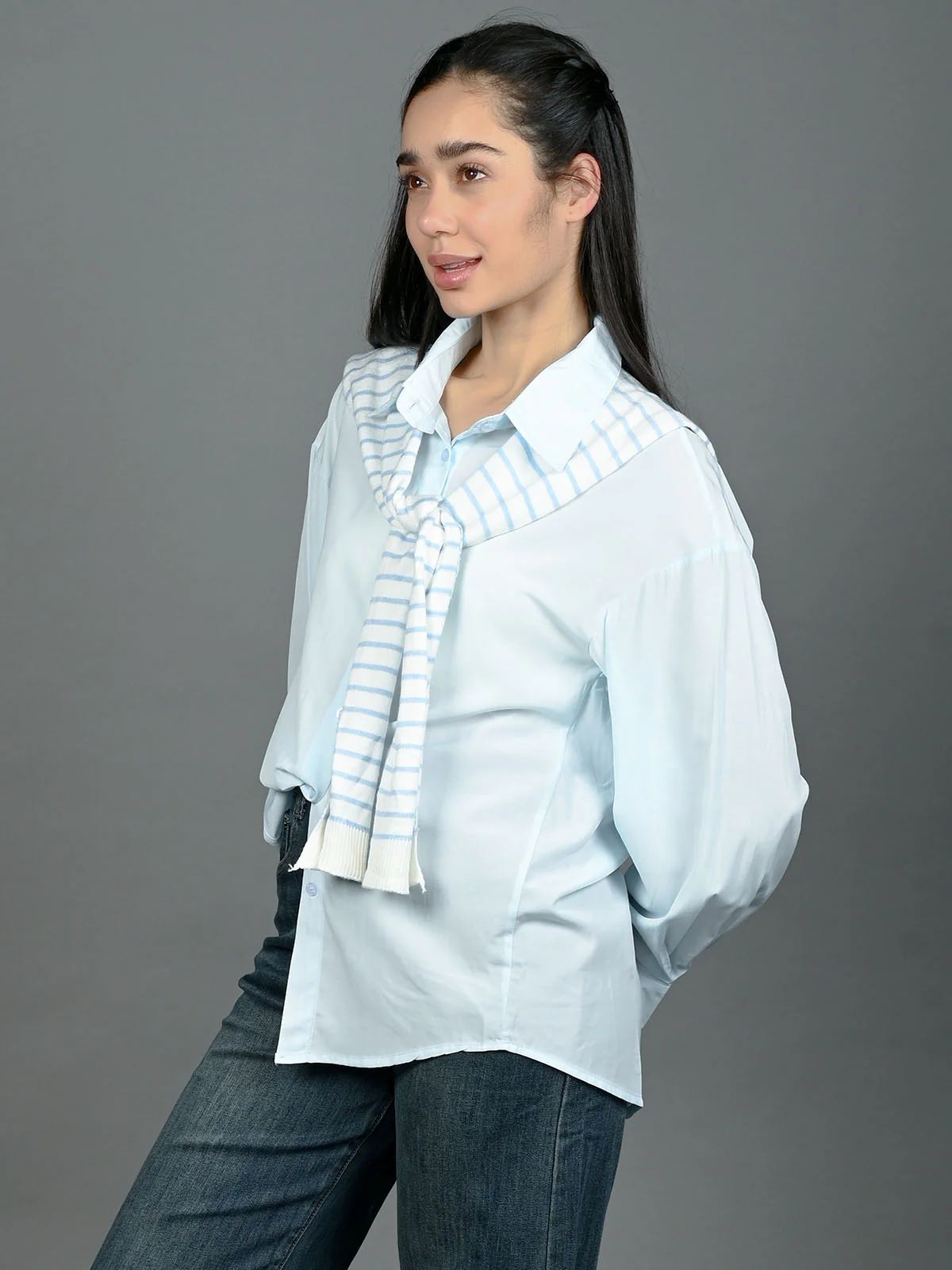 Odette Blue Cotton Blend Solid Shirt With Scarf For Women - Image 2