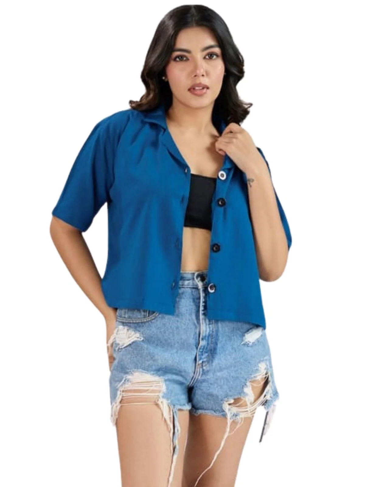 Odette Blue Cotton Blend Solid Shirt For Women - Image 2