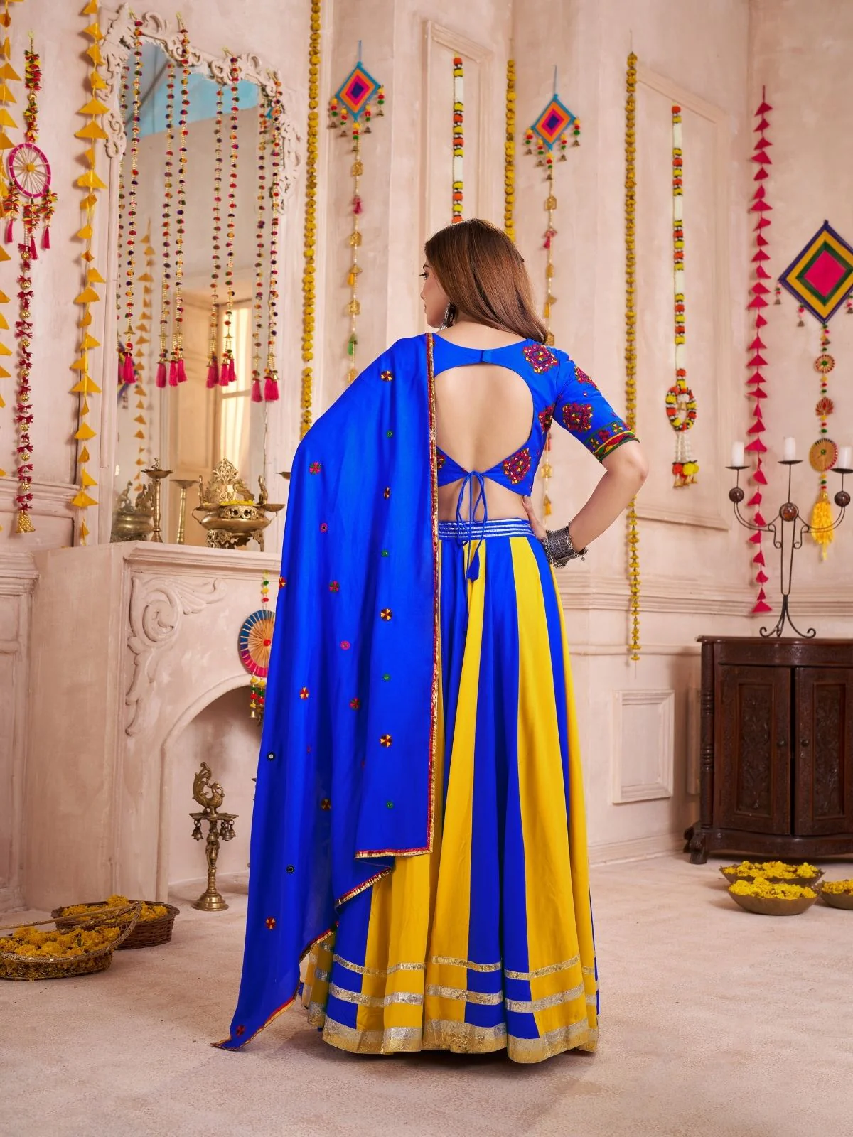 Odette Blue Cotton Blend Solid With Golden Border Semi-Stitched Lehenga For Women - Image 2