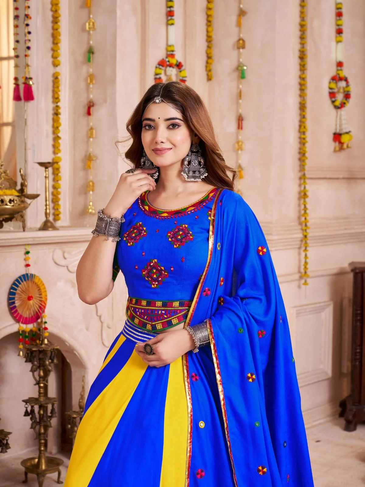 Odette Blue Cotton Blend Solid With Golden Border Semi-Stitched Lehenga For Women - Image 5