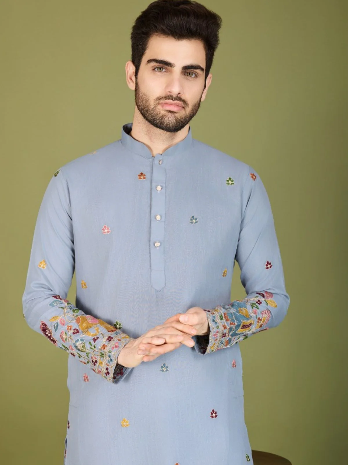 Odette Blue Cotton Embroidered Stitched Kurta For Men - Image 3
