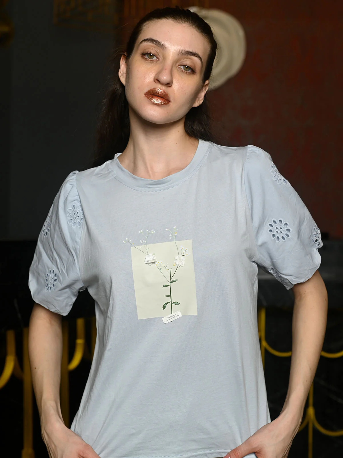 Odette Blue Cotton Jersey Embellished Top For Women - Image 2