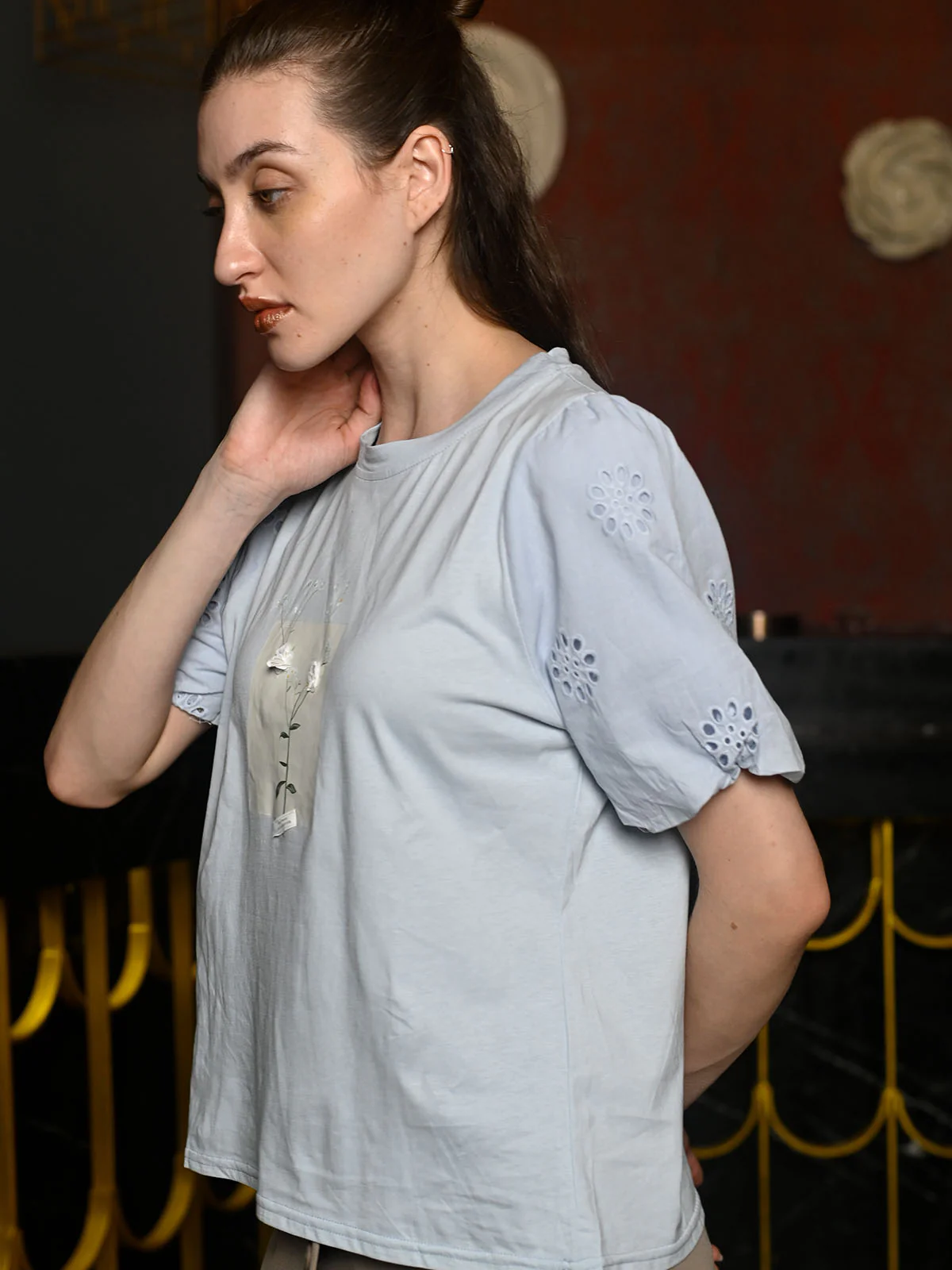 Odette Blue Cotton Jersey Embellished Top For Women - Image 3