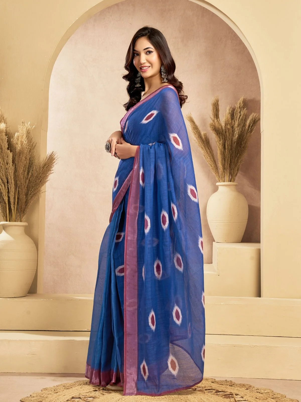 Odette Blue Cotton Linen Solid Saree For Women - Image 3