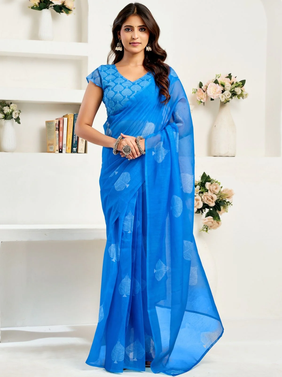 Odette Blue Cotton Linen Zari Work Saree For Women