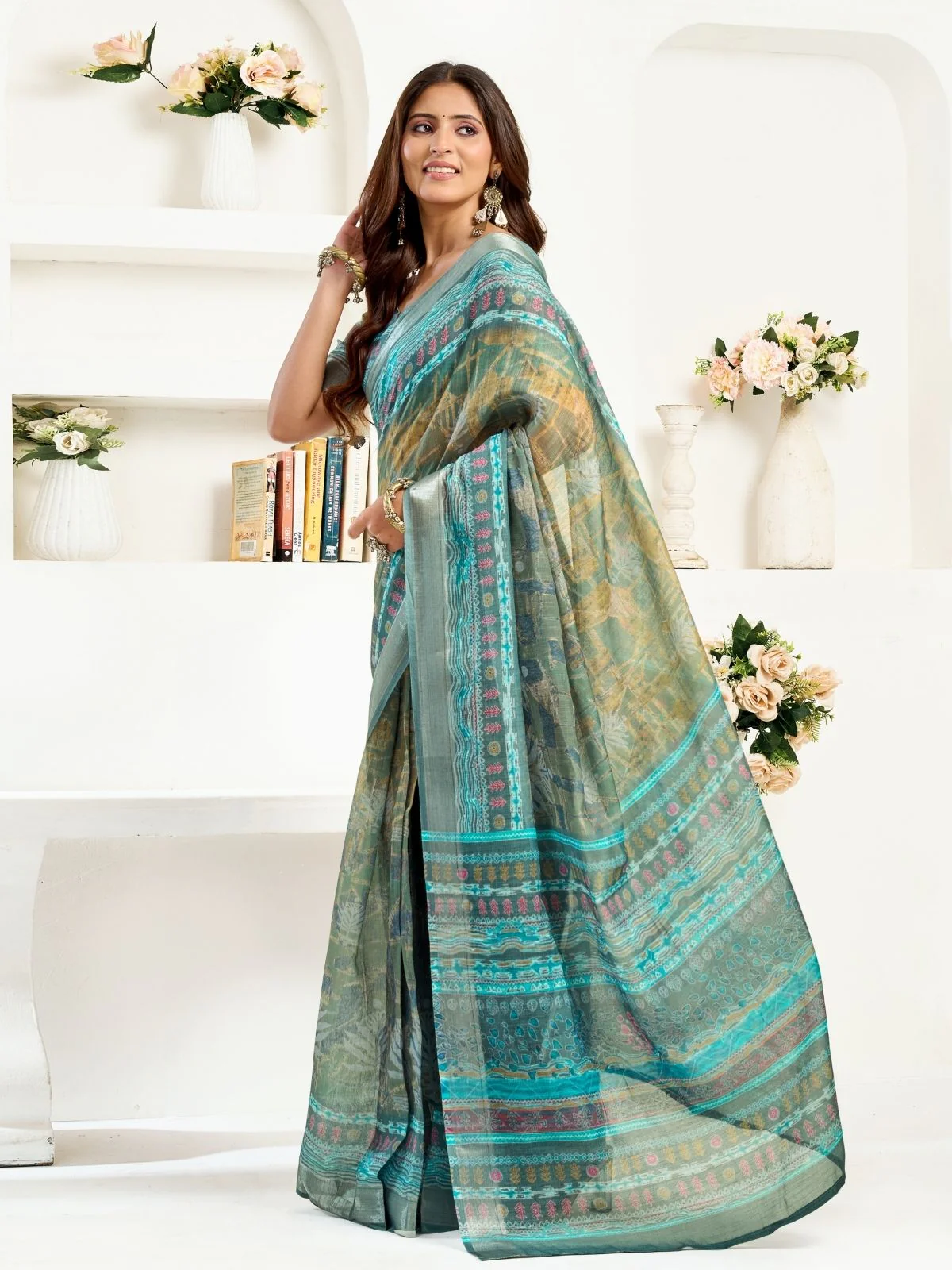 Odette Blue Cotton Linen Zari Work Saree For Women - Image 3