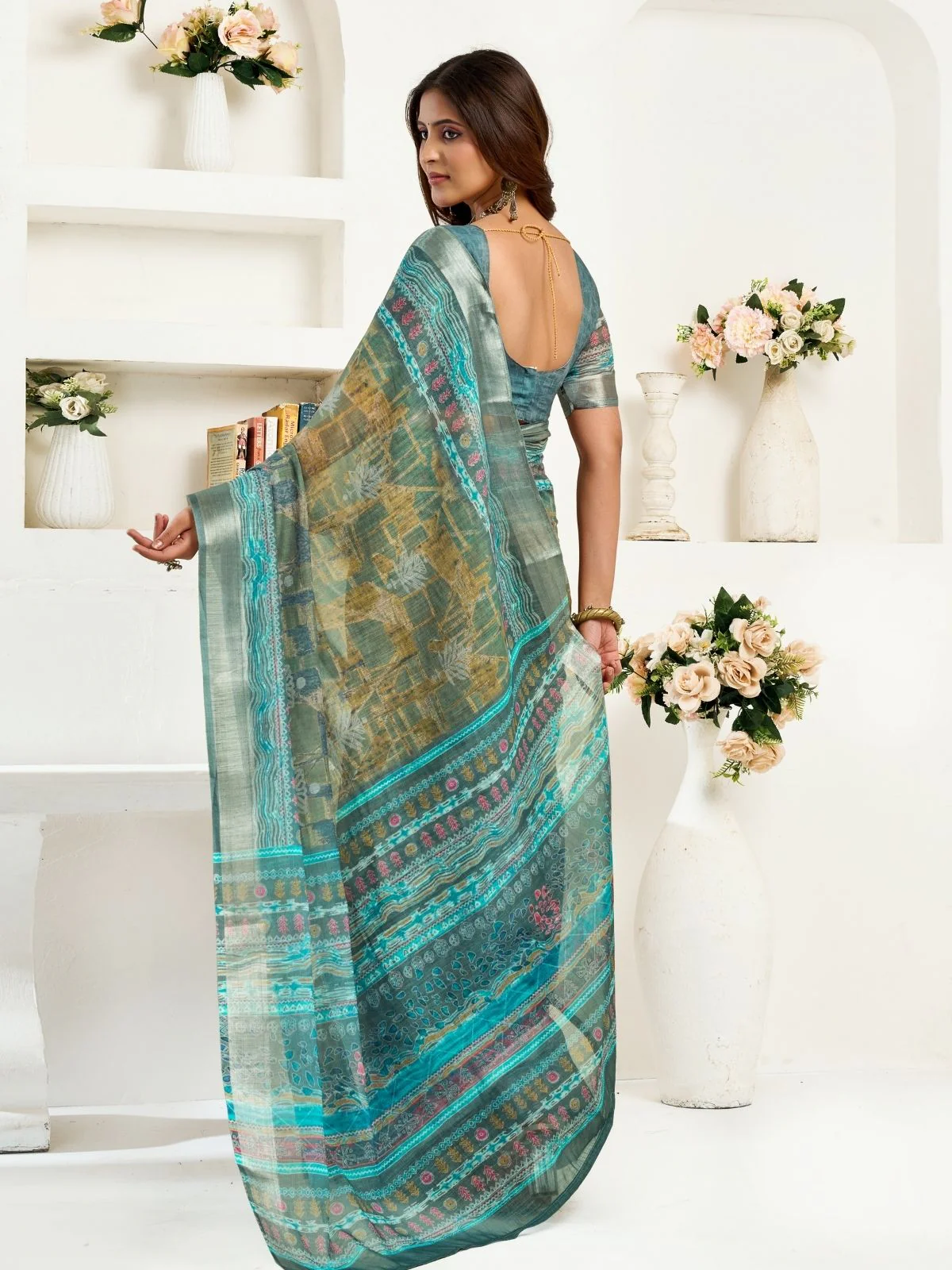 Odette Blue Cotton Linen Zari Work Saree For Women - Image 4
