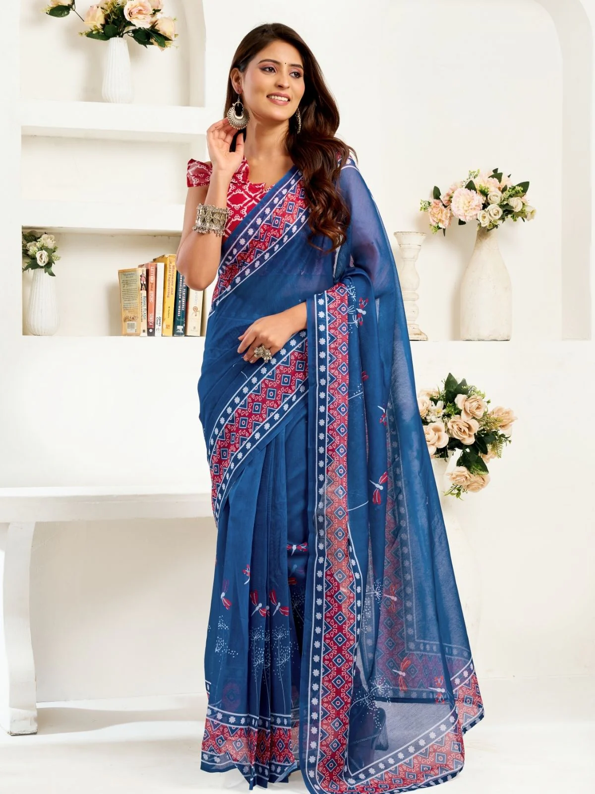 Odette Blue Cotton Linen Zari Work Saree For Women