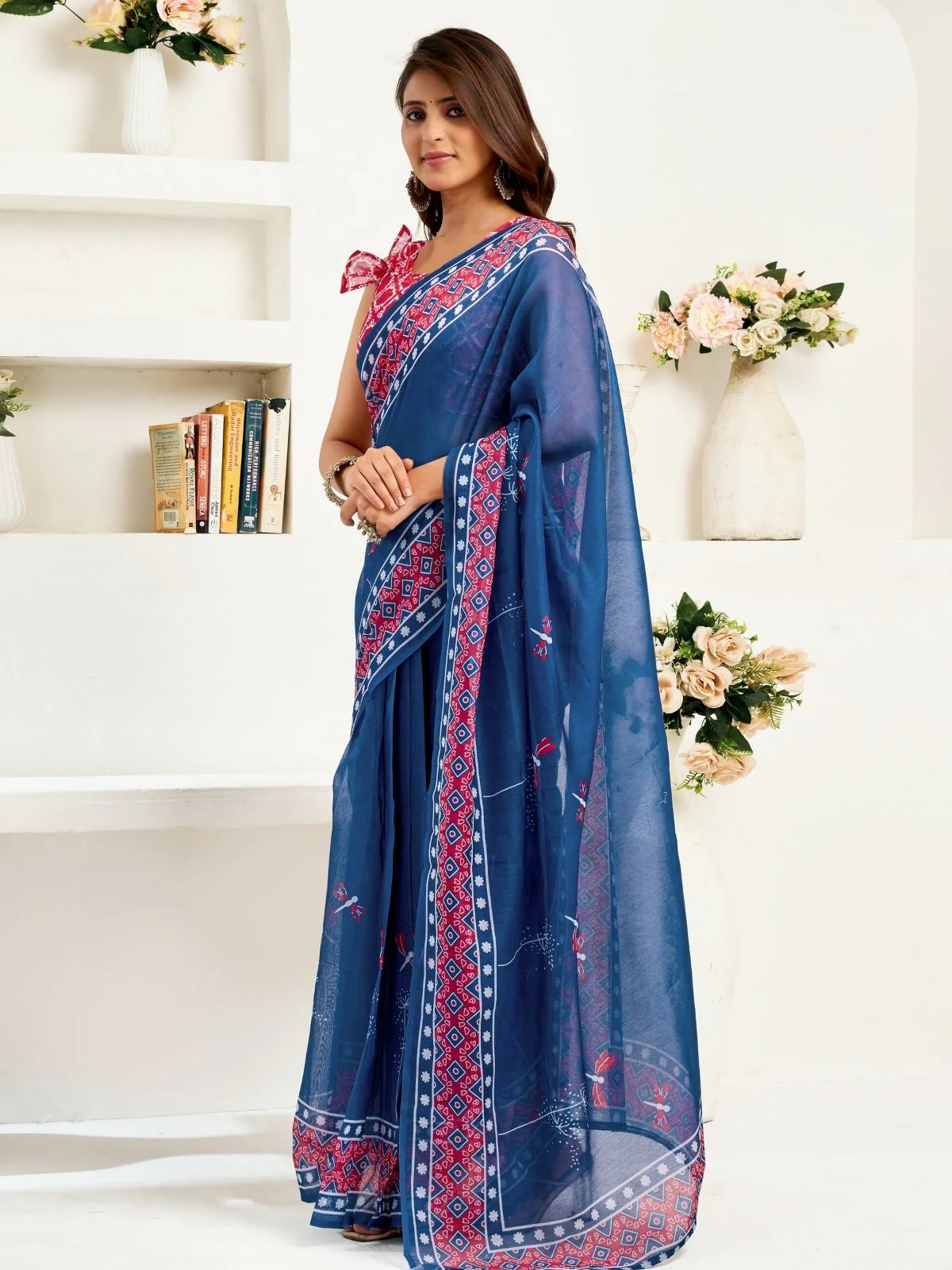 Odette Blue Cotton Linen Zari Work Saree For Women - Image 3