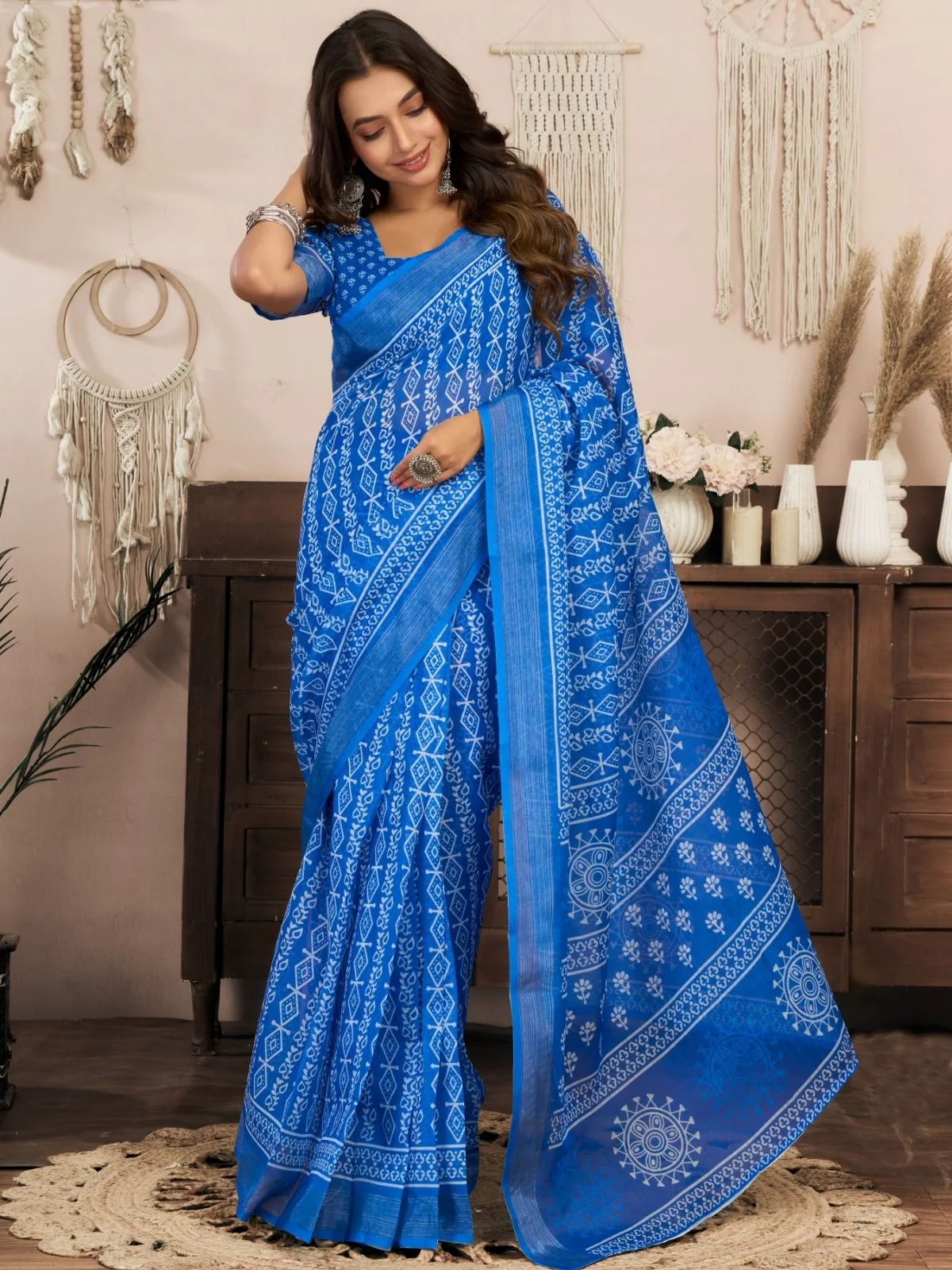 Odette Blue Cotton Linen Zari Work Saree For Women - Image 3