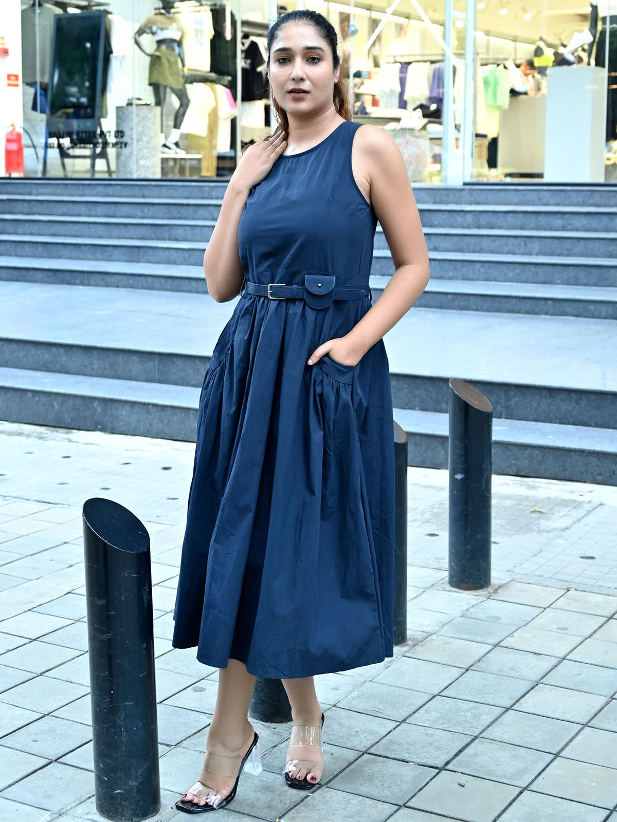 Odette Blue Cotton Poplin Solid Dress For Women