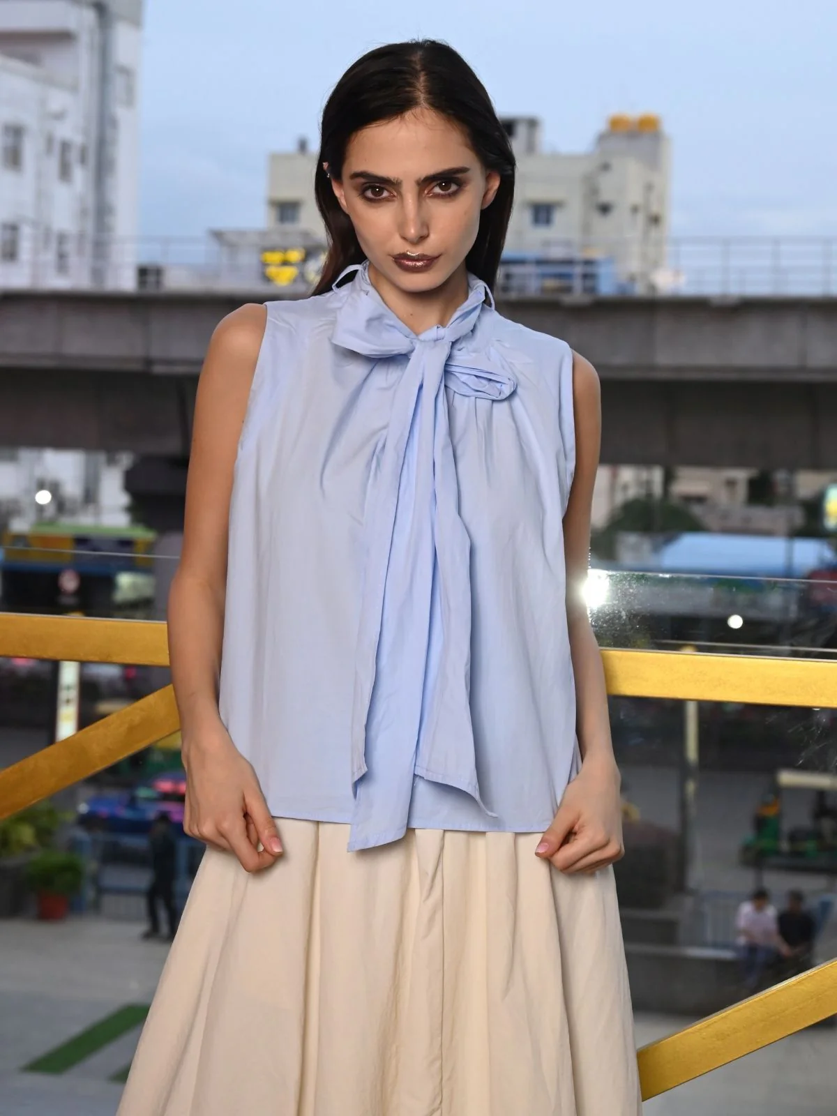 Odette Blue Cotton Poplin Solid Top For Women