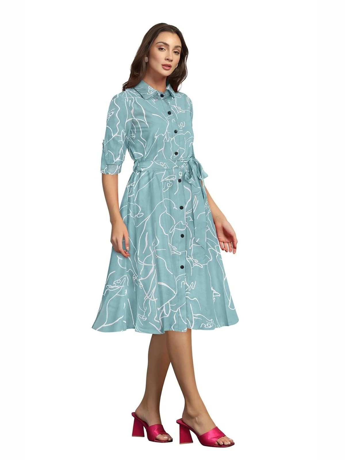Odette Blue Cotton Printed Dress For Women - Image 2